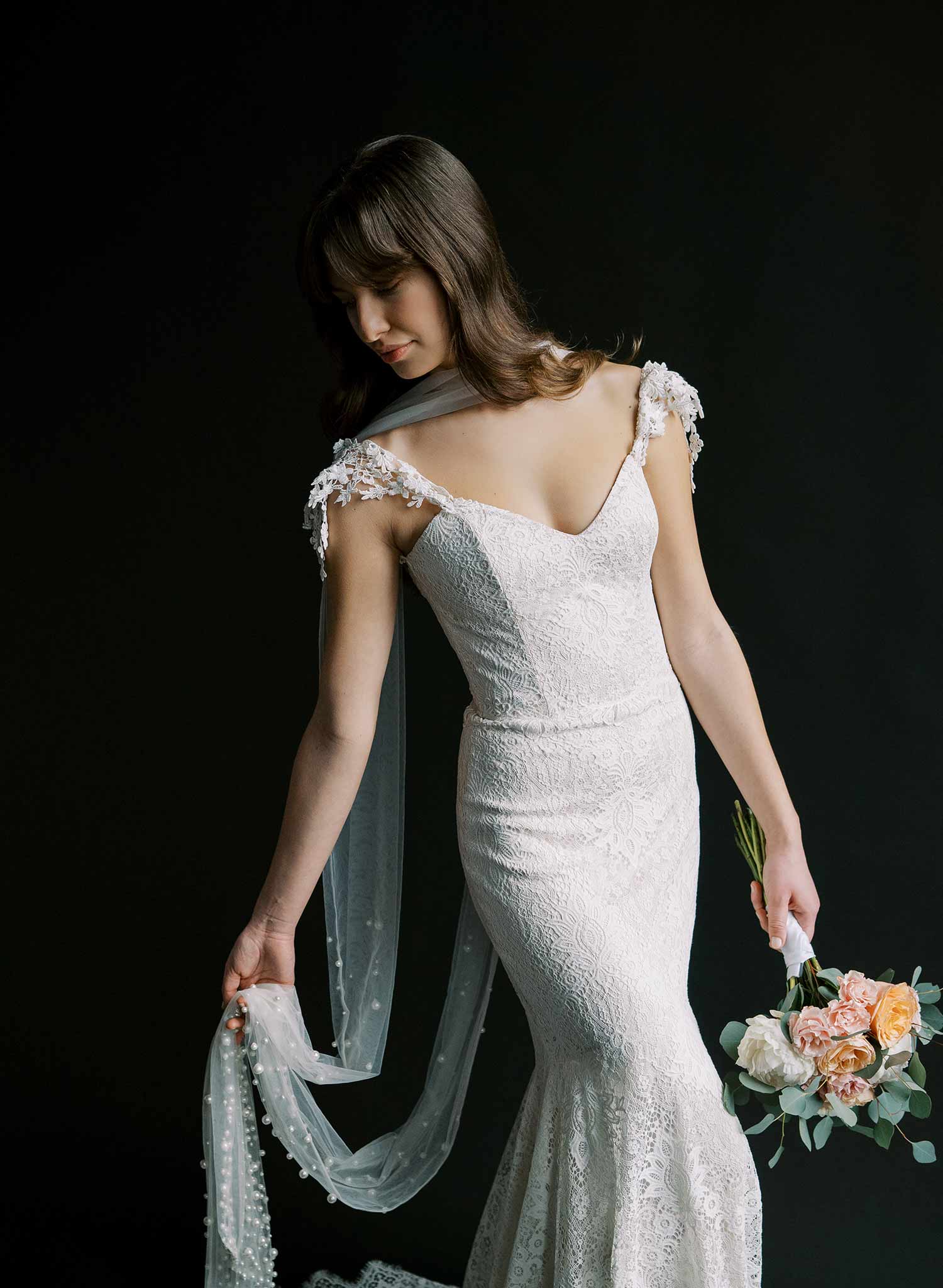 Elegant Mixed Pearl Embroidered Wedding Veil - Chapel Length Bridal Scarf (Style #2577) | Perfect for Church Ceremonies & Romantic Photoshoots