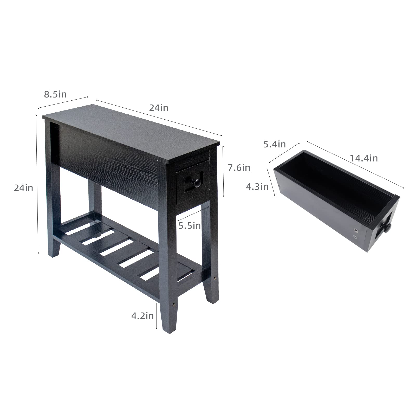 Slim Black Narrow End Table with Drawer - Space Saving Nightstand Set of 2 - Modern Side Table for Bedroom, Living Room & Small Spaces - Perfect as Couch Table, Night Stand or Apartment Furniture