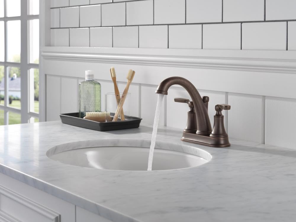 Delta Woodhurst Centerset Bathroom Faucet - Oil Rubbed Bronze 2-Handle Bathroom Sink Faucet with Metal Push-Pop Drain - Venetian Bronze 2532LF-RBMPU - Perfect for Modern Bathroom Vanities and Powder Rooms
