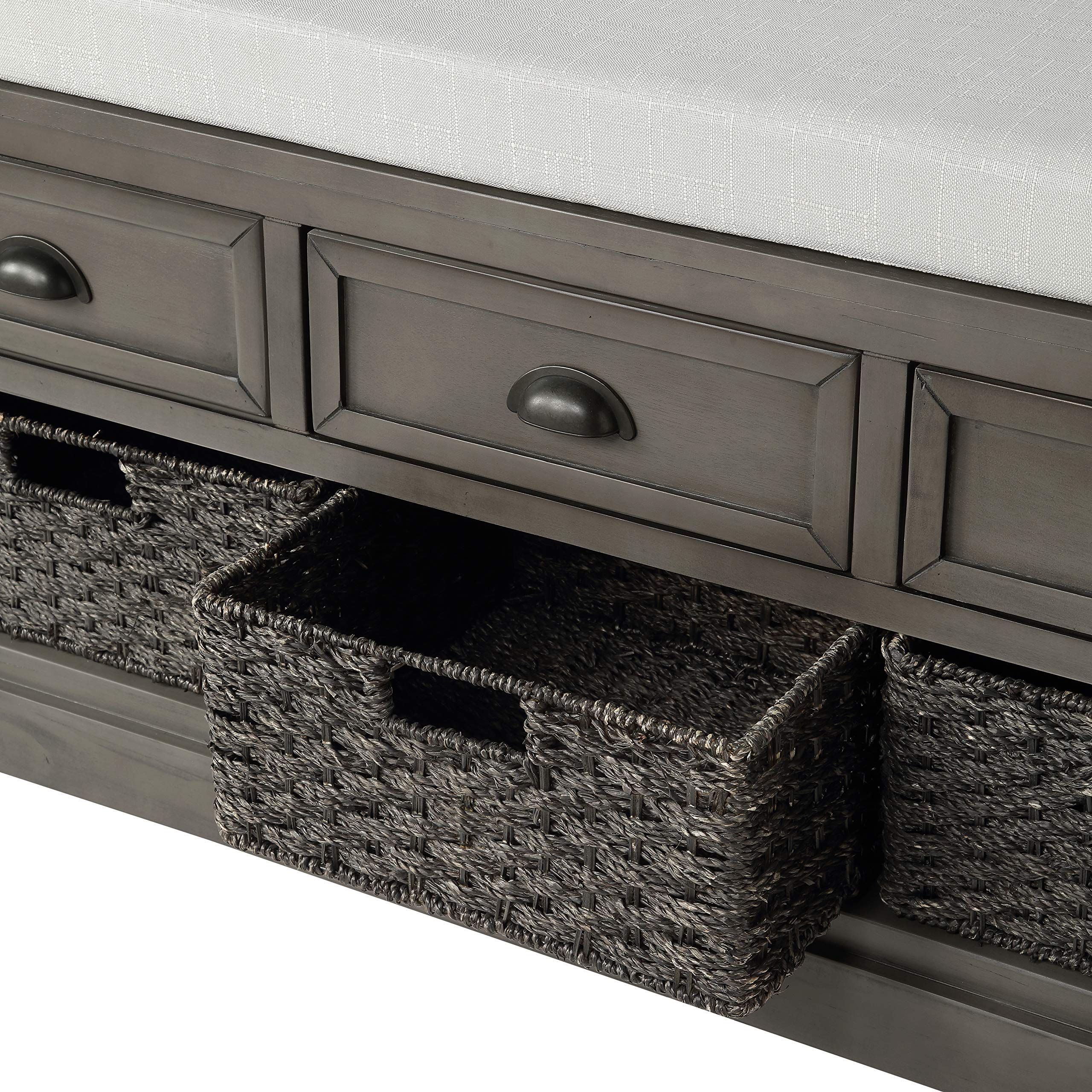 Rustic Gray Wood Storage Bench with 2 Cabinets & 1 Basket - Entryway Shoe Bench with Removable Cushion - Perfect for Living Room, Hallway & Home Organization - Ideal for Shoes, Blankets & Entry Storage