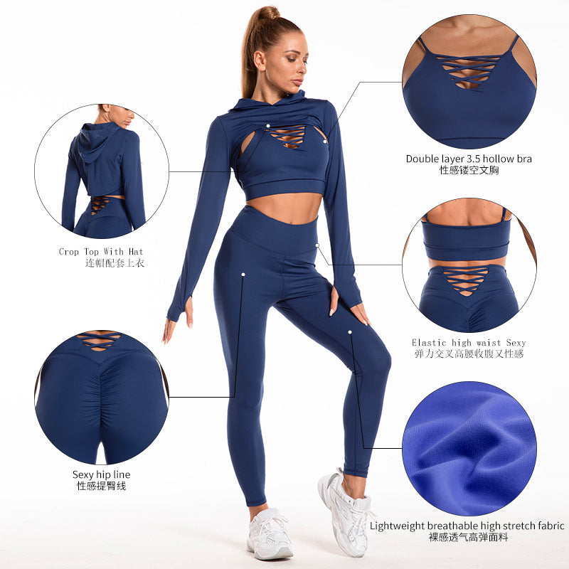 3-Piece Women's Sports Suits Set - Long Sleeve Hooded Top, Hollow Design Camisole & High Waist Butt Lifting Seamless Leggings - Gym Workout Outfits for Yoga, Running & Fitness Training