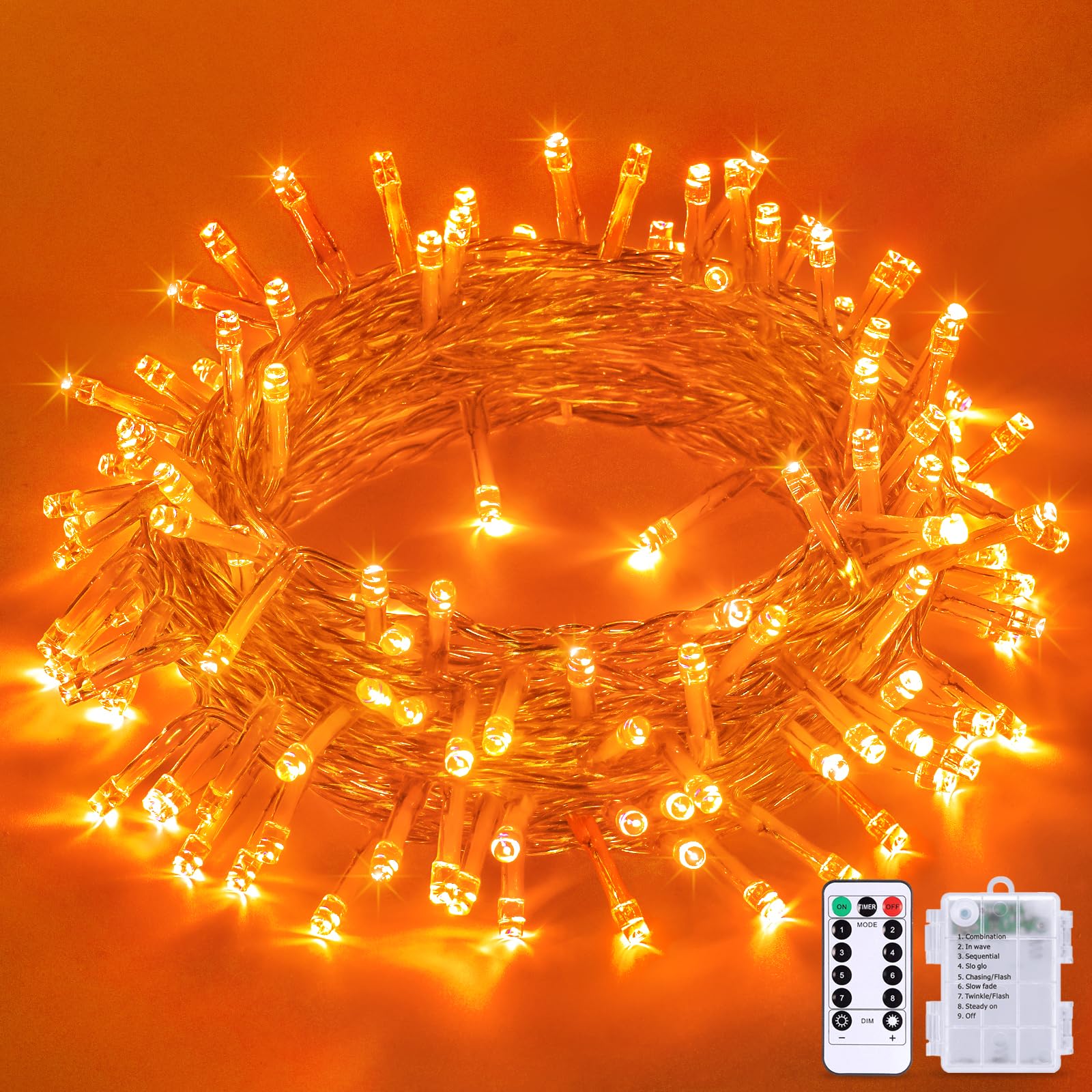 JMEXSUSS 33ft 100 LED Orange Battery Operated String Lights with Remote - Waterproof Indoor/Outdoor Halloween & Christmas Decor - Perfect for Party, Garden, Patio, and Holiday Lighting