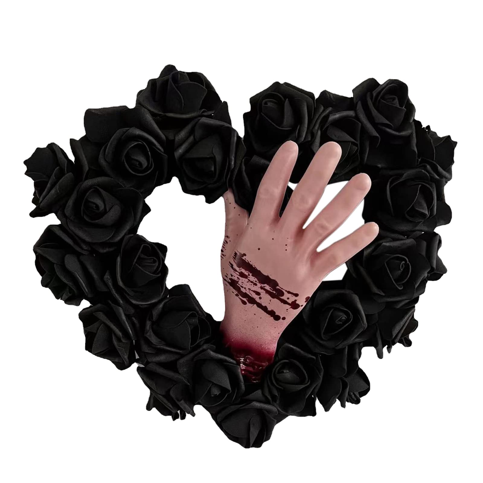 13.8 Inch Halloween Black Rose Wreath with Bloody Hand - Heart Shaped Horror Door Decor for Home, Party & Haunted House - Scary Artificial Flower Wreath for Front Door, Halloween Party & Spooky Decorations