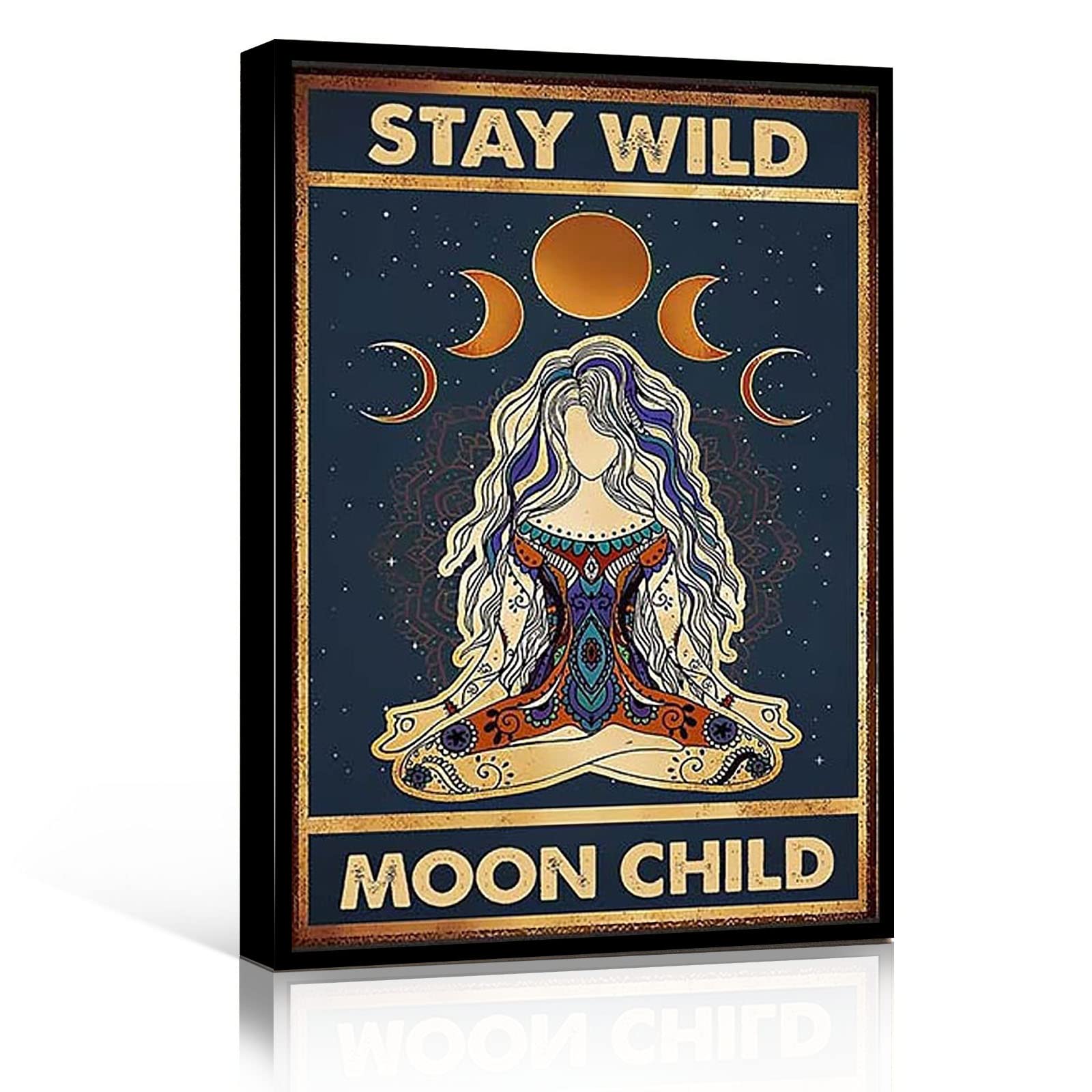 Yoga Wall Art Prints - 12''x18'' Framed Modern Canvas Decor for Bathroom, Bedroom & Yoga Studio - Stay Wild Moon Child Poster - Perfect for Meditation Spaces & Home Décor