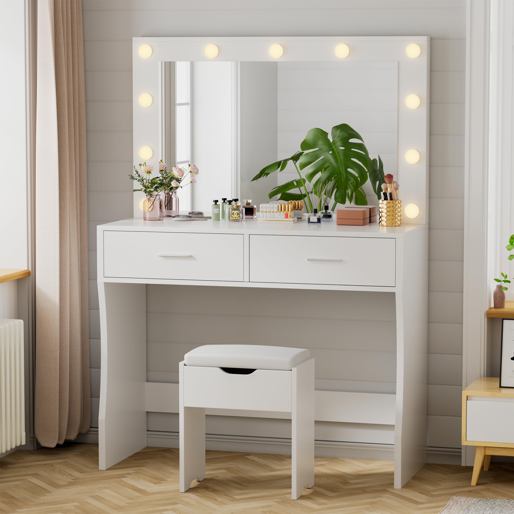 YESHOMY Vanity Desk with Mirror & Adjustable LED Lights - Makeup Dressing Table with 11 Brightness Settings, 3 Color Modes, 2 Spacious Drawers & Soft-Padded Stool - Perfect for Bedroom, Dorm, Beauty Salon (White)