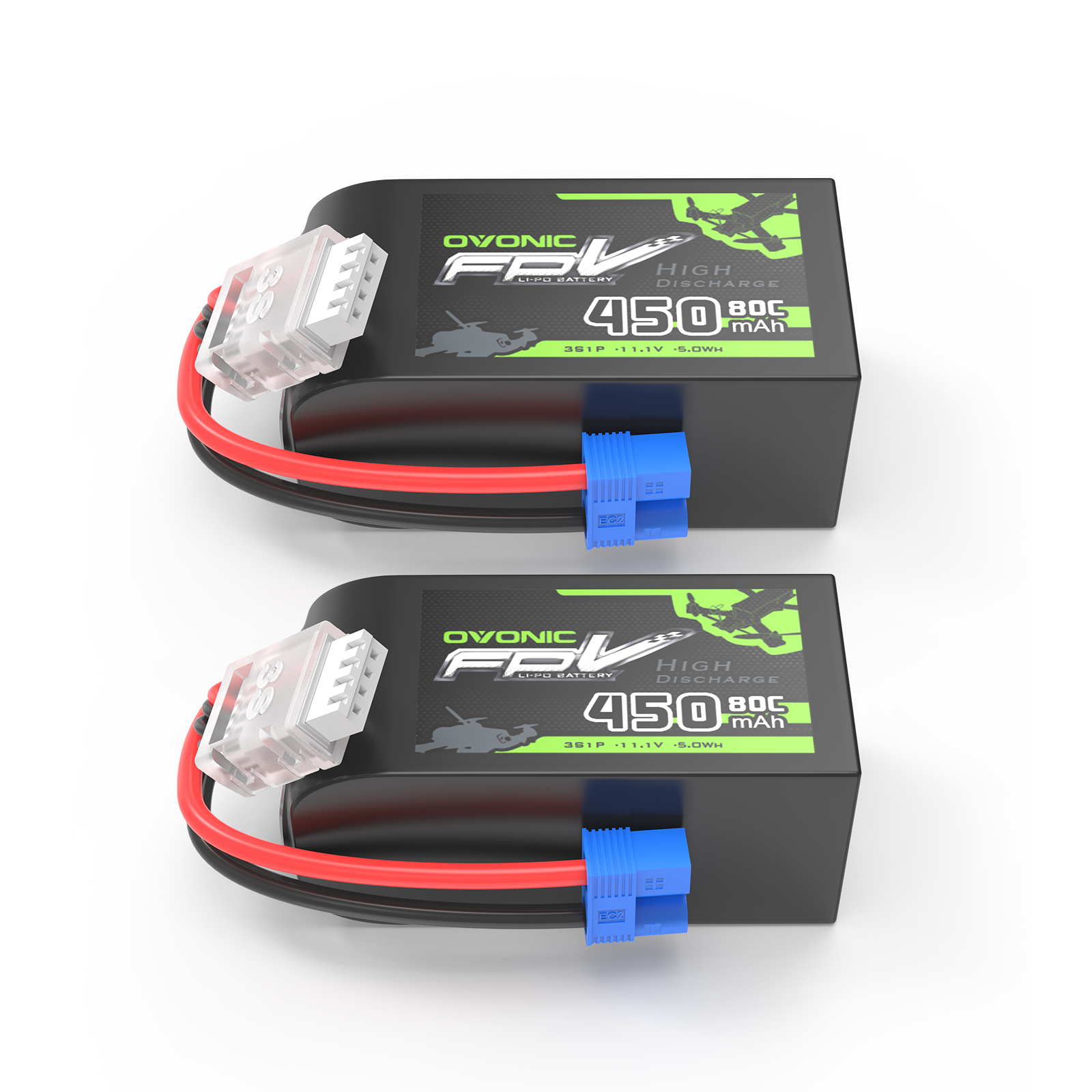 2 Pack OVONIC 11.1V 80C 450mAh 3S LiPo Battery with EC2 Plug - High Performance Power for Micro FPV Drones, Fixed Wing Aircraft & RC Helicopters - Perfect for Aerial Photography, Racing and Long Flight Time