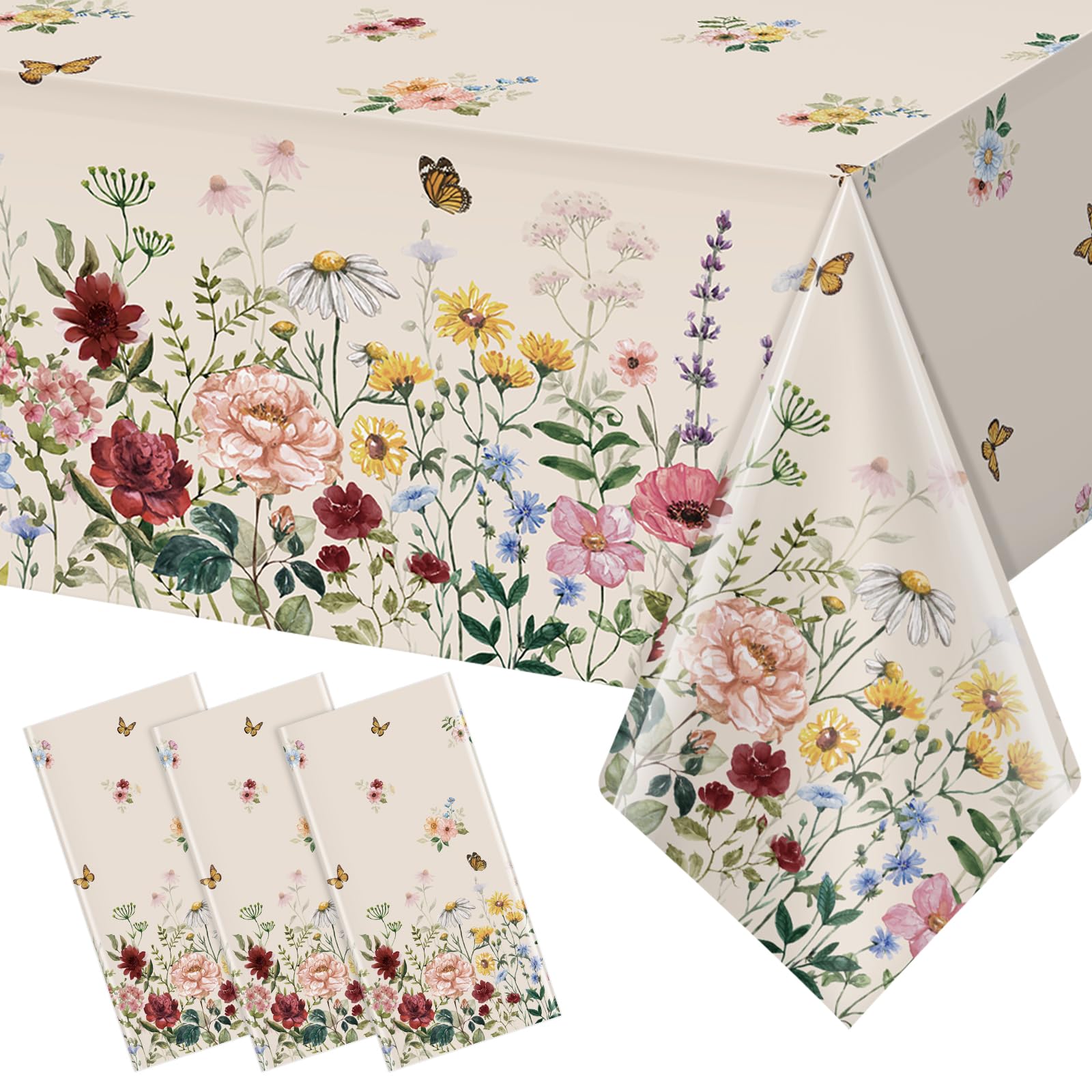 3-Piece Spring Floral Plastic Tablecloth Set - Disposable Rectangle Table Cover with Butterfly & Wildflower Design (54x108 Inch) for Easter, Birthday, Wedding, Mother's Day Decorations | Perfect for Tea Parties, Picnics & Outdoor Events