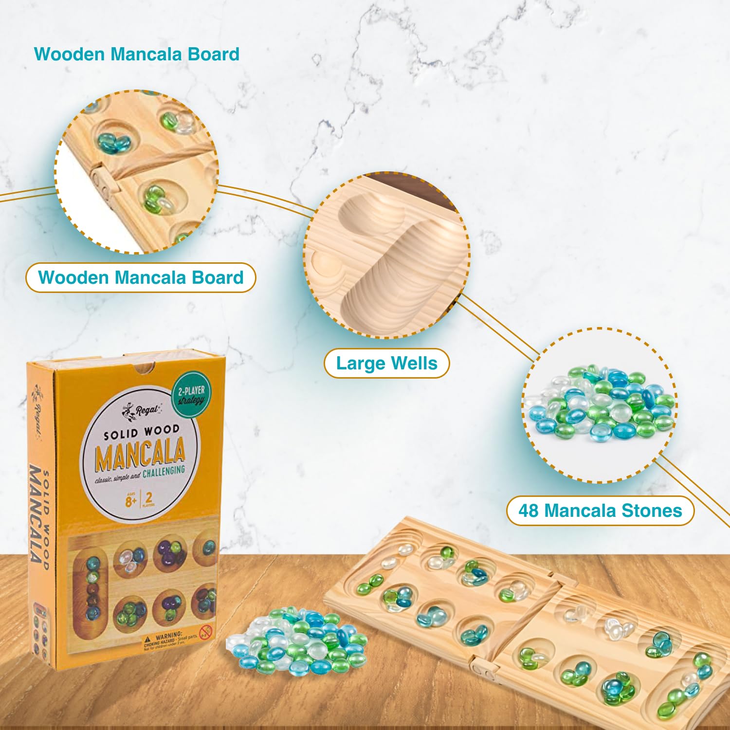Regal Games Mancala Board Game - Wooden Set with 48 Glass Beads for 2 Players - Perfect for Family Game Night & Travel