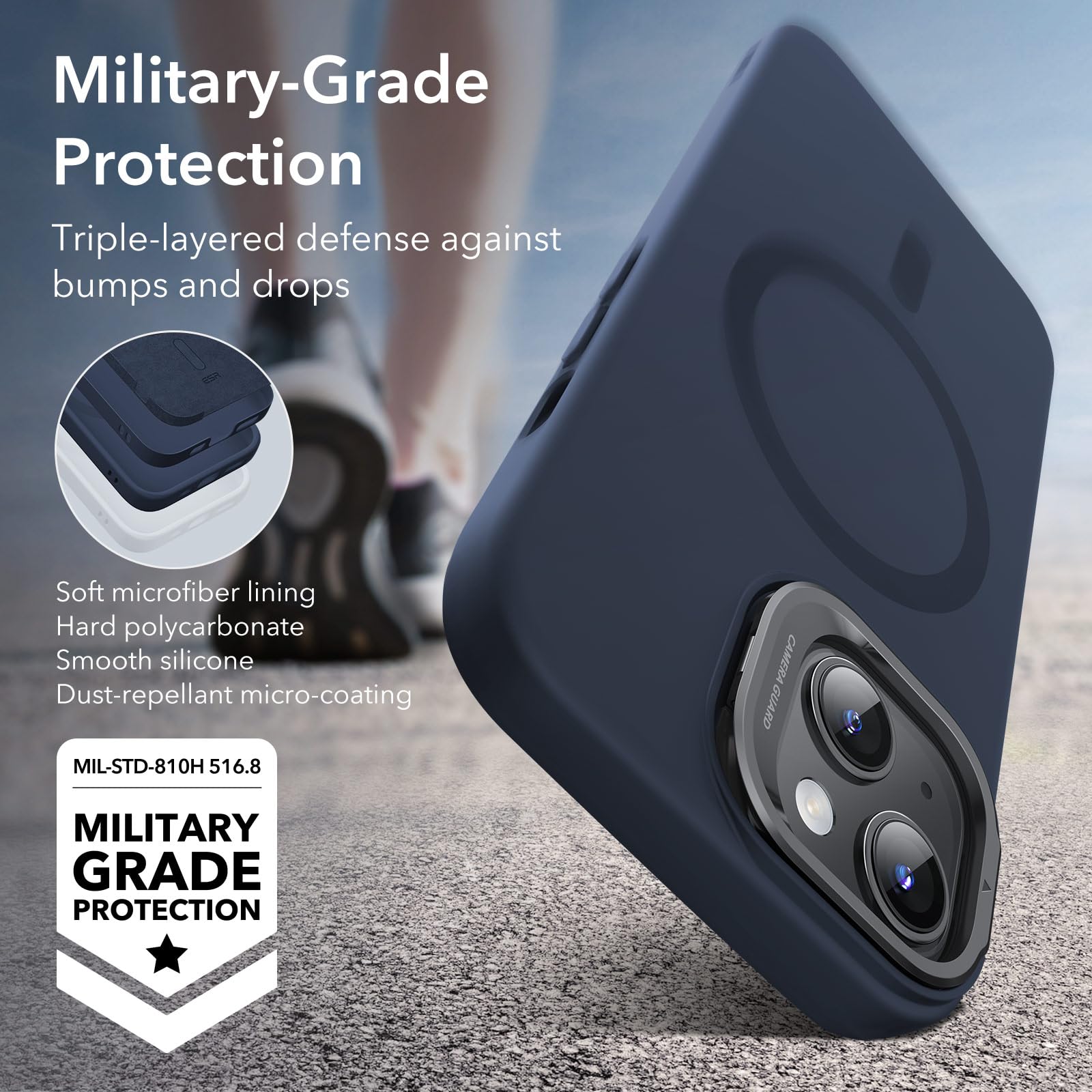 ESR MagSafe Silicone Case for iPhone 15 Plus with Stand | Military-Grade Protection & Built-in Camera Stash | Magnetic Phone Cover in Dark Blue (Cloud Series) | Perfect for Work, Travel & Daily Use