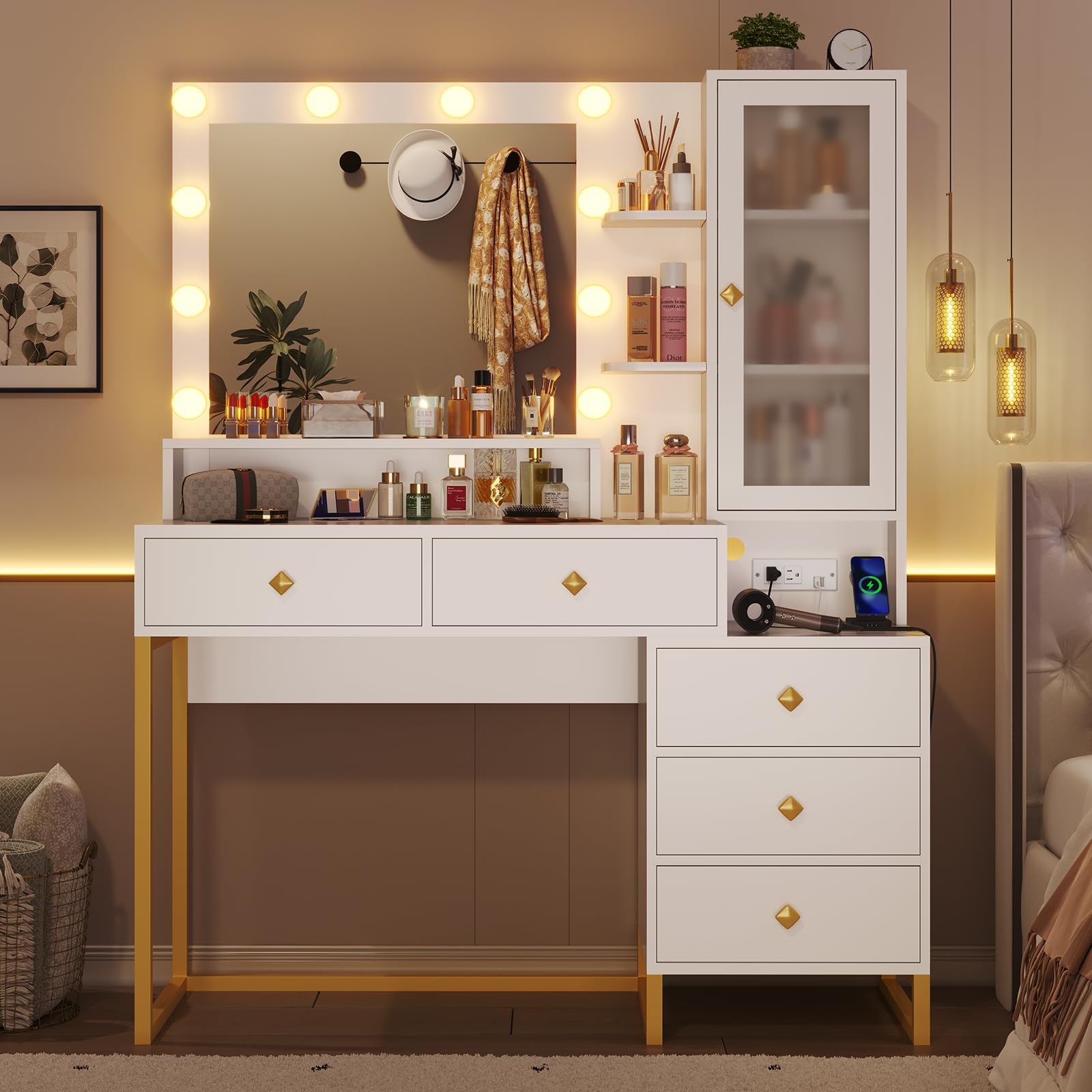 Tiptiper Makeup Vanity with Lights & Charging Station, 5 Drawers & Shelves - Perfect for Home Beauty Setup