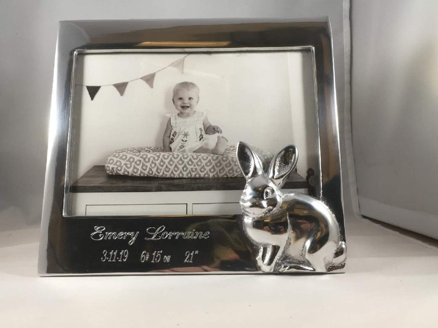 MARIPOSA Bunny Rabbit Engraved Birth Record Photo Frame - Holds 5x7 Picture - Perfect for Baby Nursery, Christening Gifts & Family Keepsakes