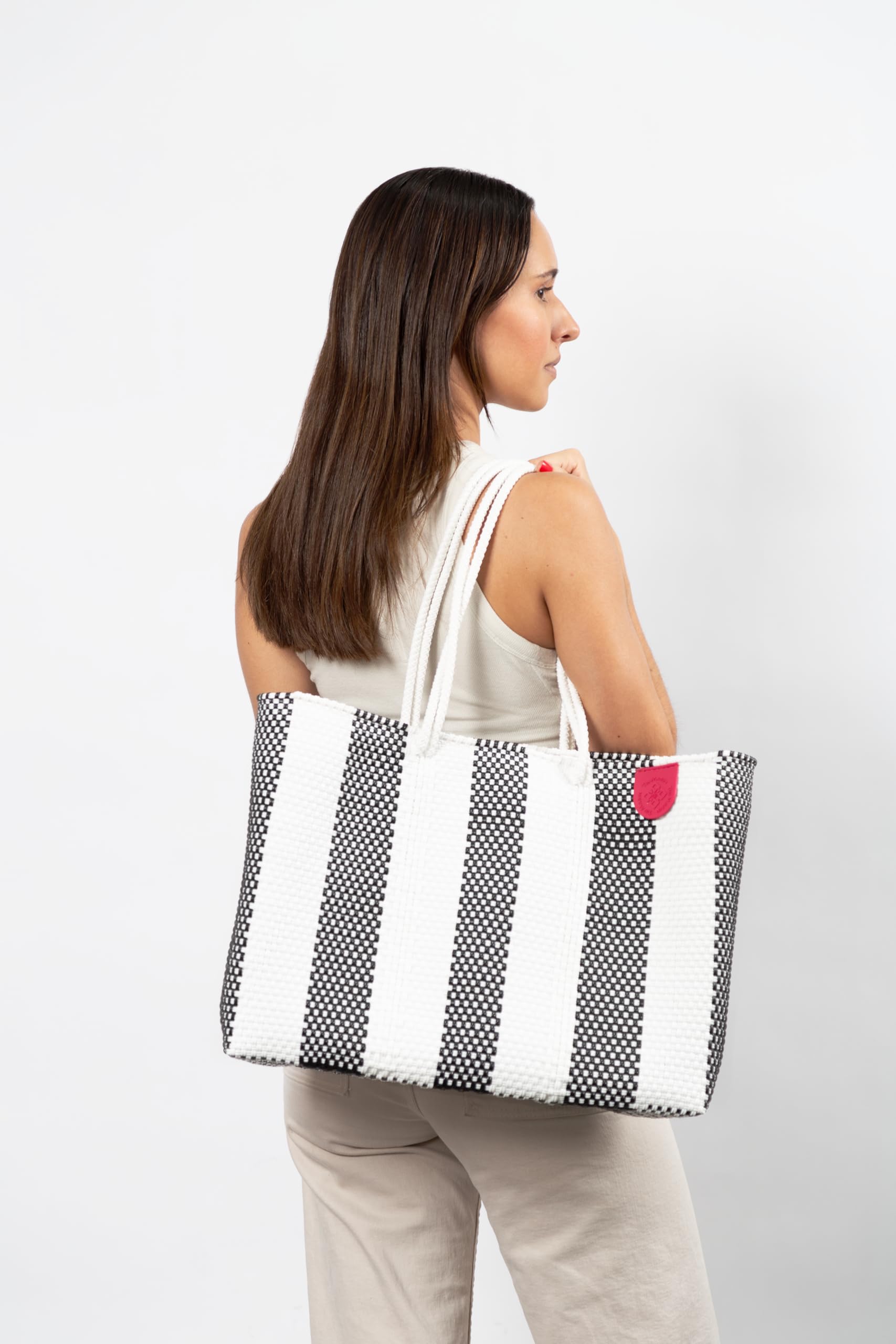 Eco-Friendly Zebra Woven Super Tote Bag - Handwoven Recycled Plastic Mexican Beach Bag - Black & White Water-Resistant Summer Tote for Beach, Shopping & Travel