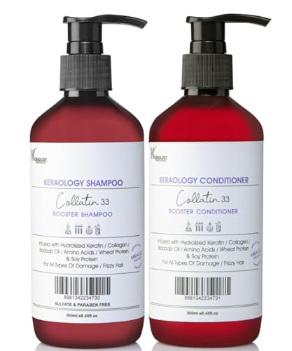 Keraology Collatin Booster Shampoo & Conditioner Set (300ml Each) - Sulfate & Paraben Free Hair Growth Treatment for All Hair Types - Nourishes Dry Hair, Controls Frizz & Promotes Smooth Hair - Perfect for Daily Hair Care Routine & Salon-Quality Results at Home