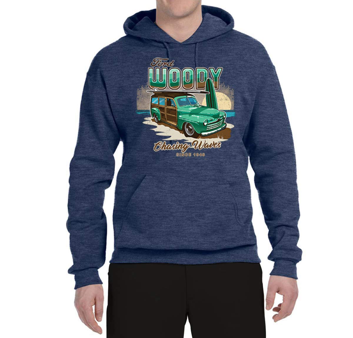 Vintage 1946 Ford Woody Chasing Waves Graphic Hoodie - Wild Bobby Retro Unisex Sweatshirt | Perfect for Beach Outings, Car Enthusiast Gifts & Casual Streetwear