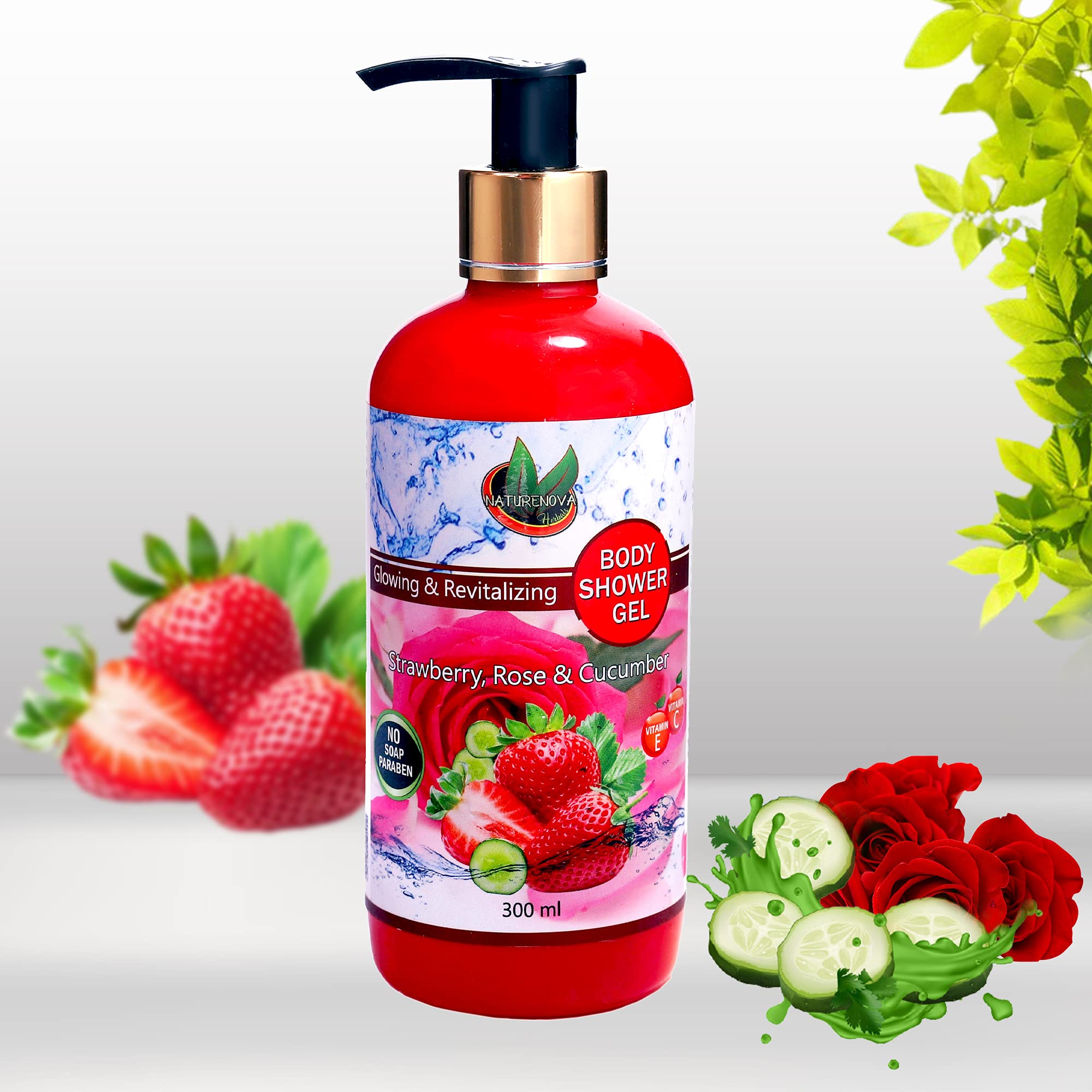 NATURENOVA HERBALS Glowing & Revitalizing Body Shower Gel - Strawberry, Rose & Cucumber Scent | Paraben-Free, Soap-Free | 300ml | Hydrating & Refreshing for Daily Shower & Spa Relaxation