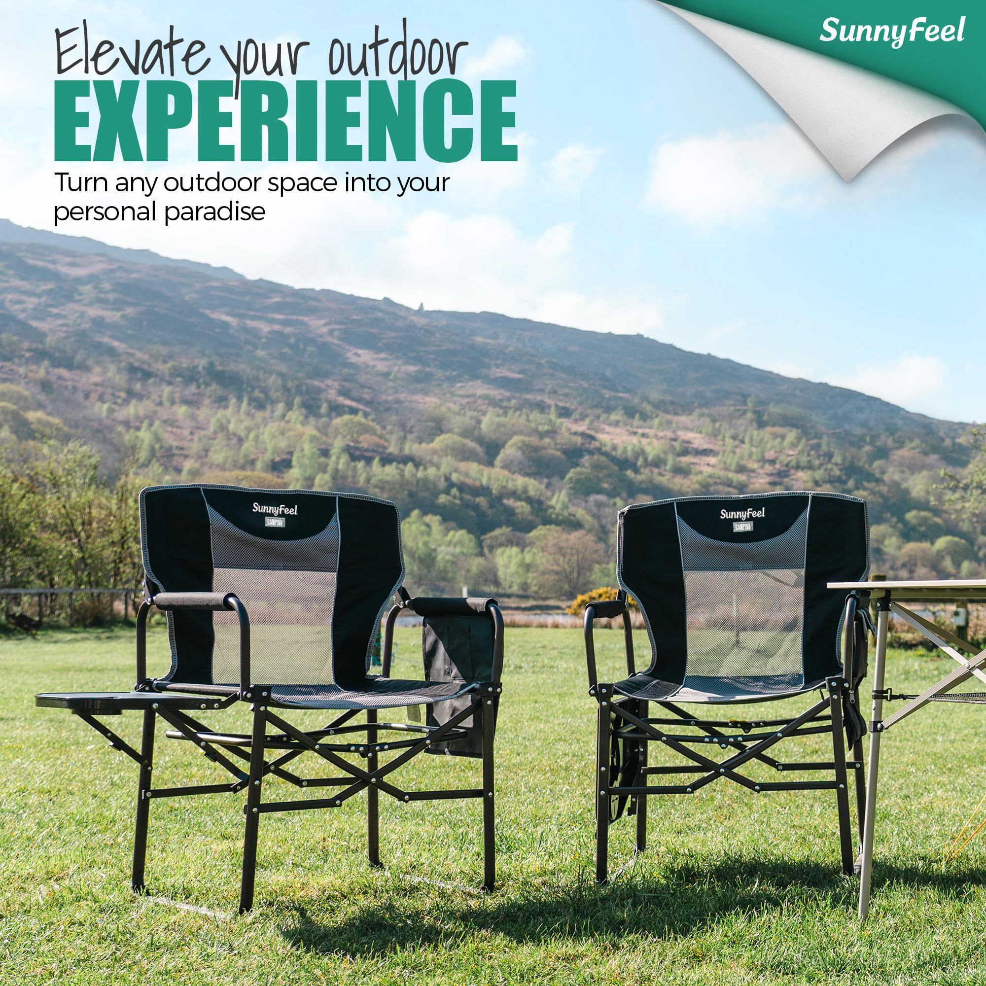 **SUNNYFEEL Oversized Heavy Duty Camping Chair – 500 LB Capacity, Portable Folding Director's Chair with Side Table & Storage Pocket – Perfect for Beach, Fishing, Picnic, Lawn, Concert & Outdoor Adventures**