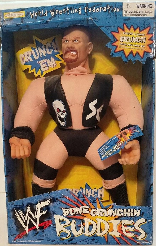 1999 WWF Jakks Pacific Bone Crunchin' Buddies Series 3 Stone Cold Steve Austin Action Figure with Vest - Collectible Wrestling Toy for Display & Play