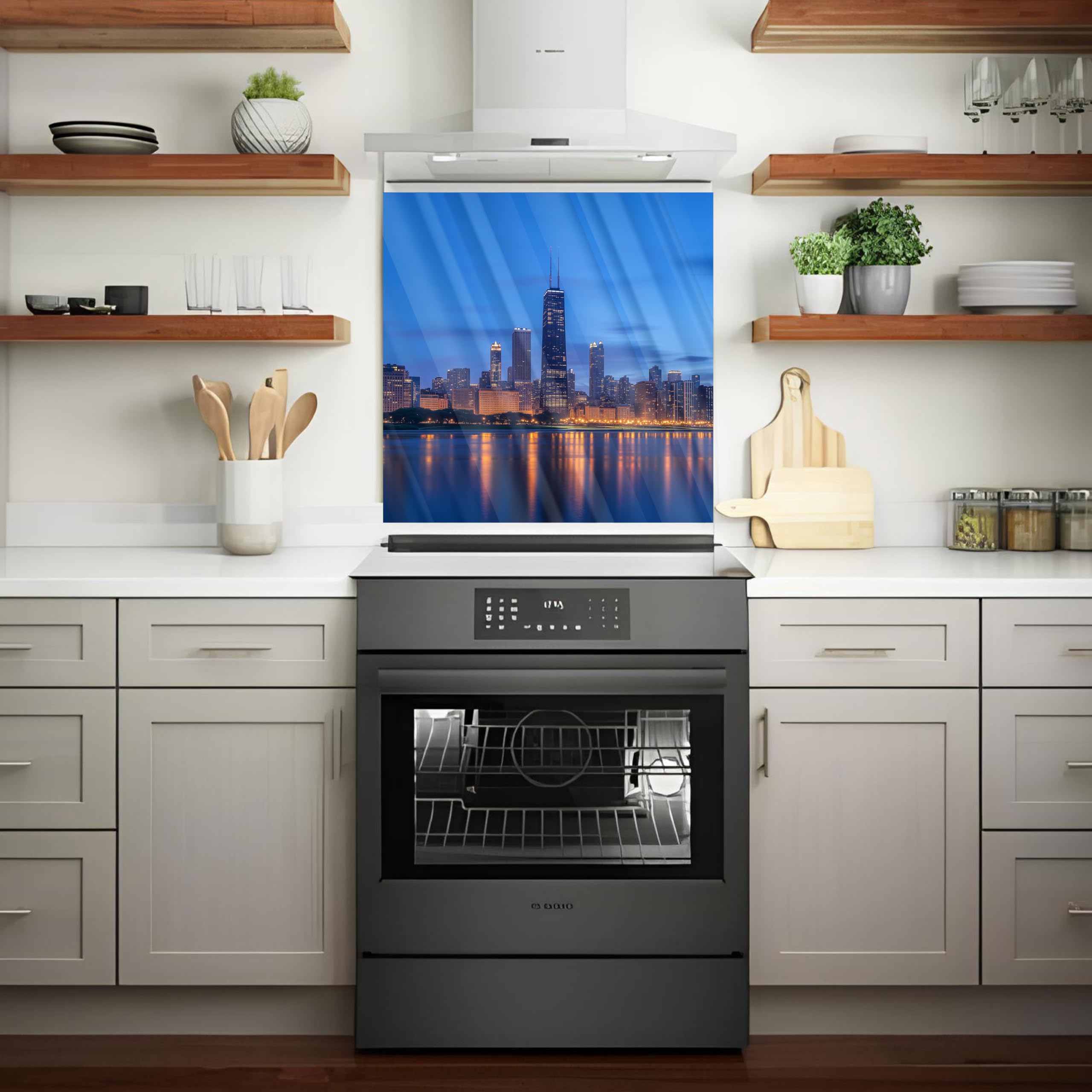 Chicago Skyline Tempered Glass Kitchen Backsplash - Peel and Stick Stove Backsplash, Easy to Clean & Heat Resistant - Perfect for Modern Kitchens, Behind Stove Protection & Stylish Home Decor