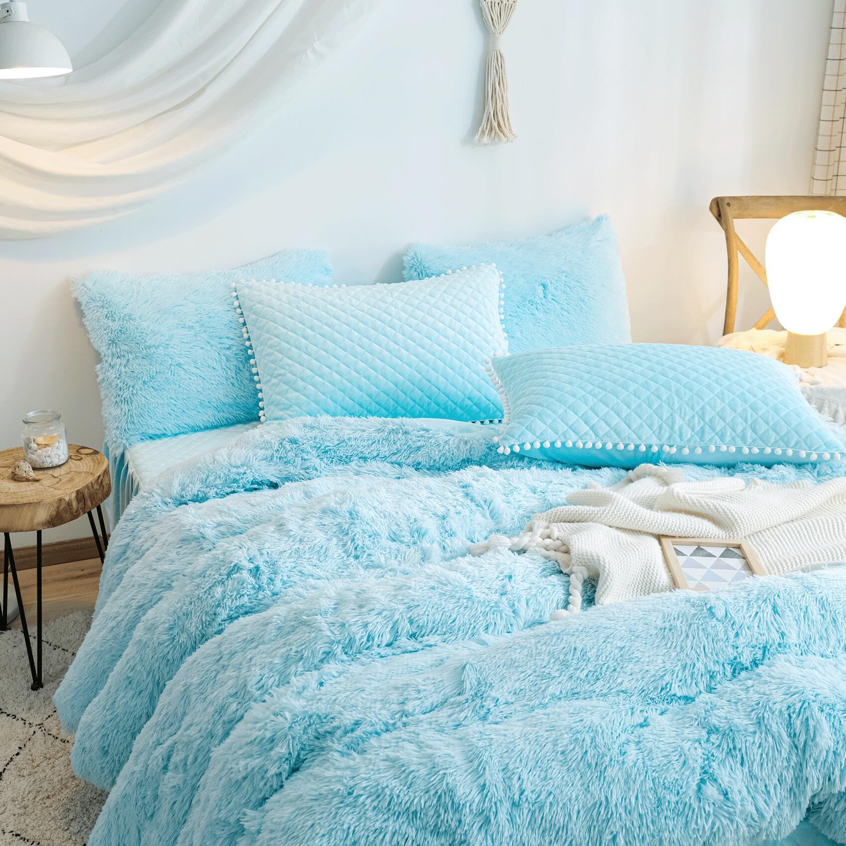 Soft Fluffy Blue Comforter Cover Queen Size - Plush Light Blue Bedding Set 3pc (1 Fuzzy Duvet Cover + 2 Faux Fur Pillowcases) Shaggy Blue Bed Set for Cozy Winter Nights - Perfect for Master Bedroom & Guest Room Decor (Blue, Queen)