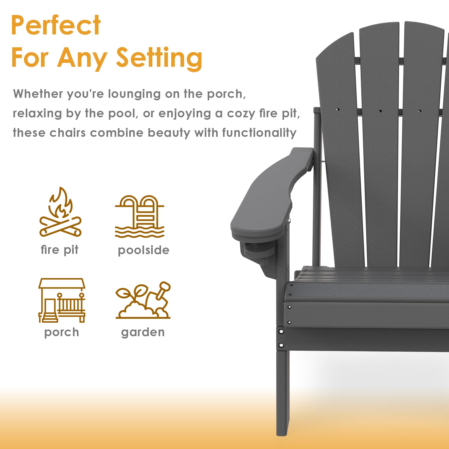 IVY&LANE 2-Pack Folding Adirondack Chairs - Weather-Resistant HDPE Plastic Outdoor Chairs with Cup Holders (Grey) - Perfect for Patio, Deck, Poolside, Garden & Beach Relaxation