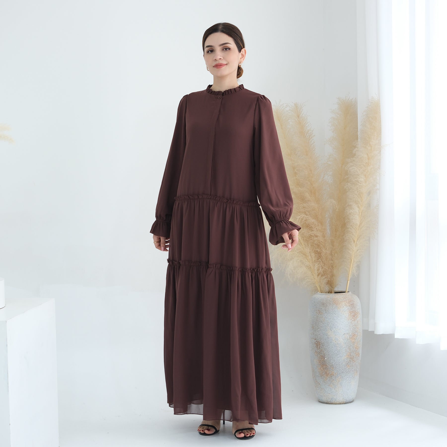 Molly Prairie Chiffon Maxi Dress in Coffee - Elegant Flowy Summer Dress for Women, Perfect for Beach Vacations, Weddings & Boho Parties