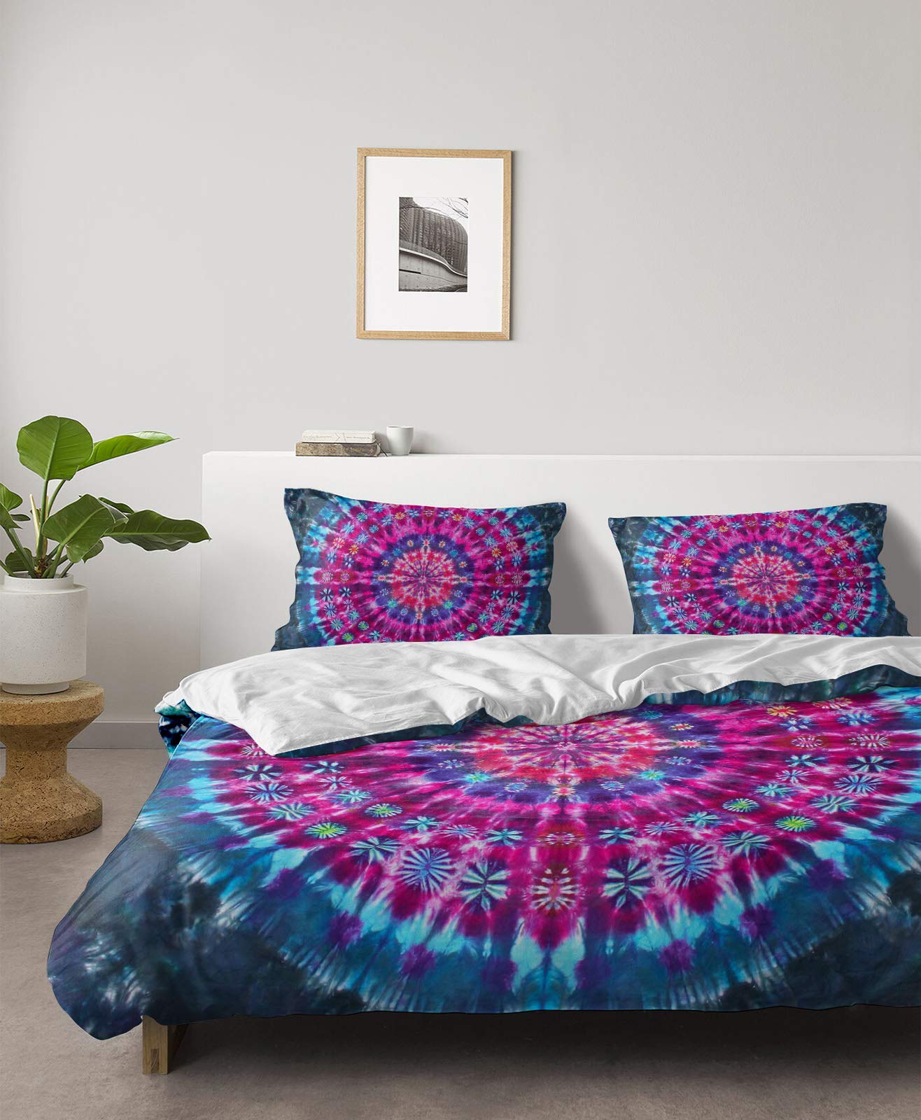 4-Piece Bohemian Mandala Tie-Dye Duvet Cover Set - California King Size Ultra Soft Quilted Bedding with 2 Pillowcases | Ethnic Hippie Style for Bedroom Decor, Guest Room & Dorm
