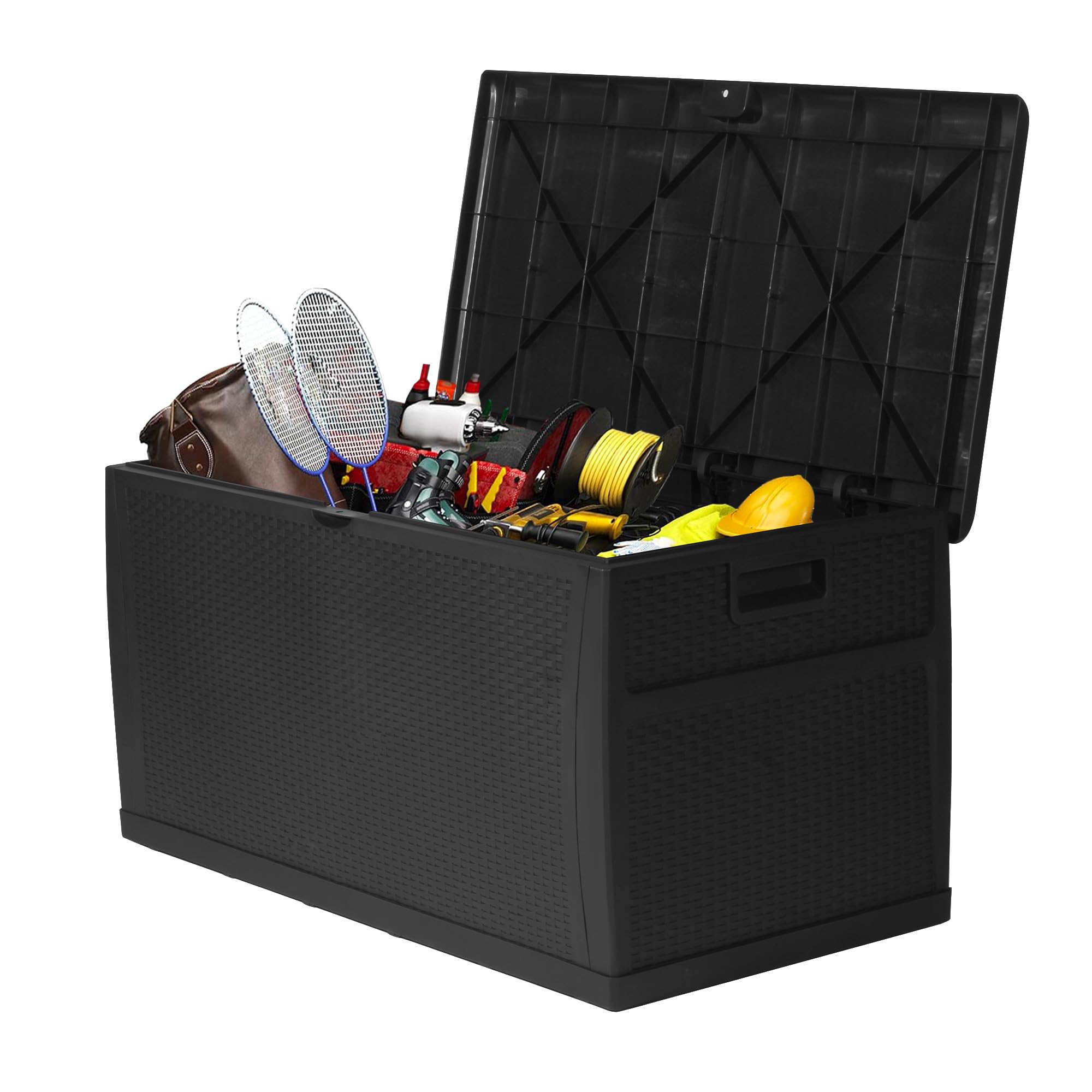 LUCKYERMORE 120 Gallon Large Outdoor Deck Box - Waterproof, Lockable Storage Container for Patio, Garden & Backyard - Heavy-Duty Resin Rattan Design - Perfect for Cushions, Toys & Pool Accessories