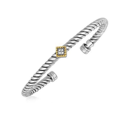 18K Yellow Gold & Sterling Silver Diamond Station Italian Cable Open Bangle Bracelet - Elegant Jewelry for Women, Perfect for Parties, Weddings & Everyday Wear