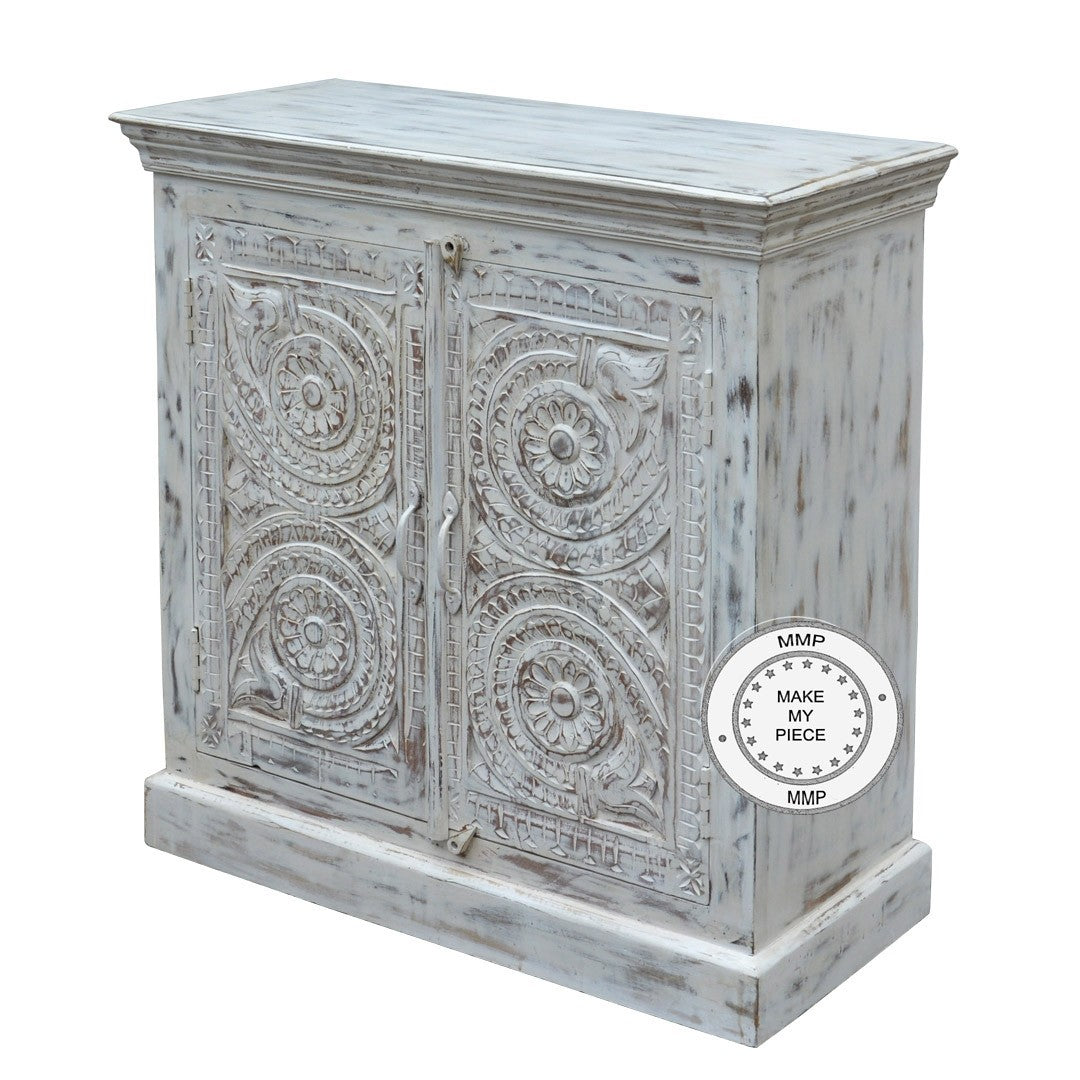 Hand Carved Floral Indian Small Cabinet with Intricate Doors - White - Perfect for Home Decor, Living Room Storage & Boho Style Interiors