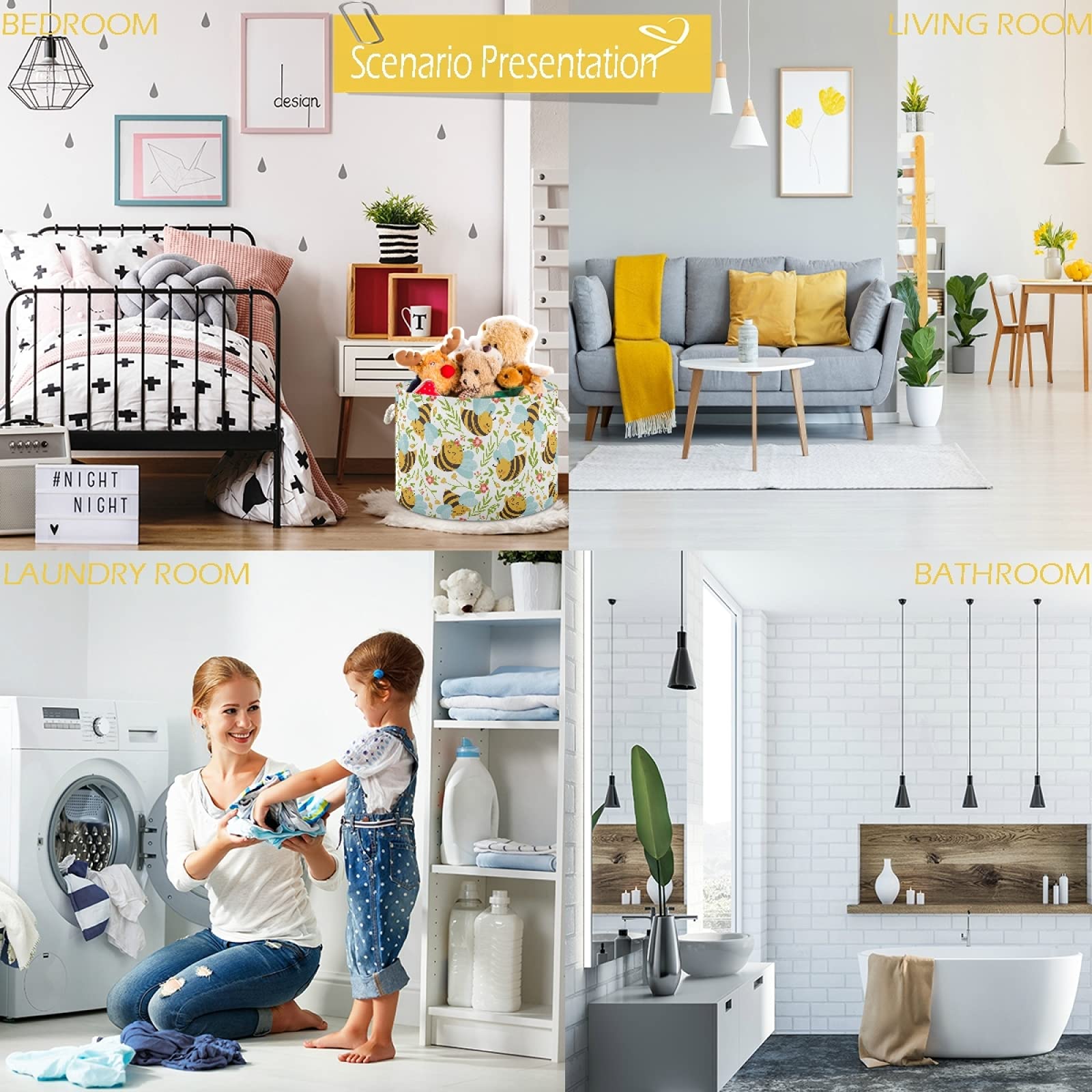 **Honey Bee Kids Seamless Pattern Cute Bumblebee Laundry Basket - Collapsible Fabric Storage Bin for Toys, Clothes & Organizing - Perfect for Nursery, Bedroom, Bathroom, Closet & Office**