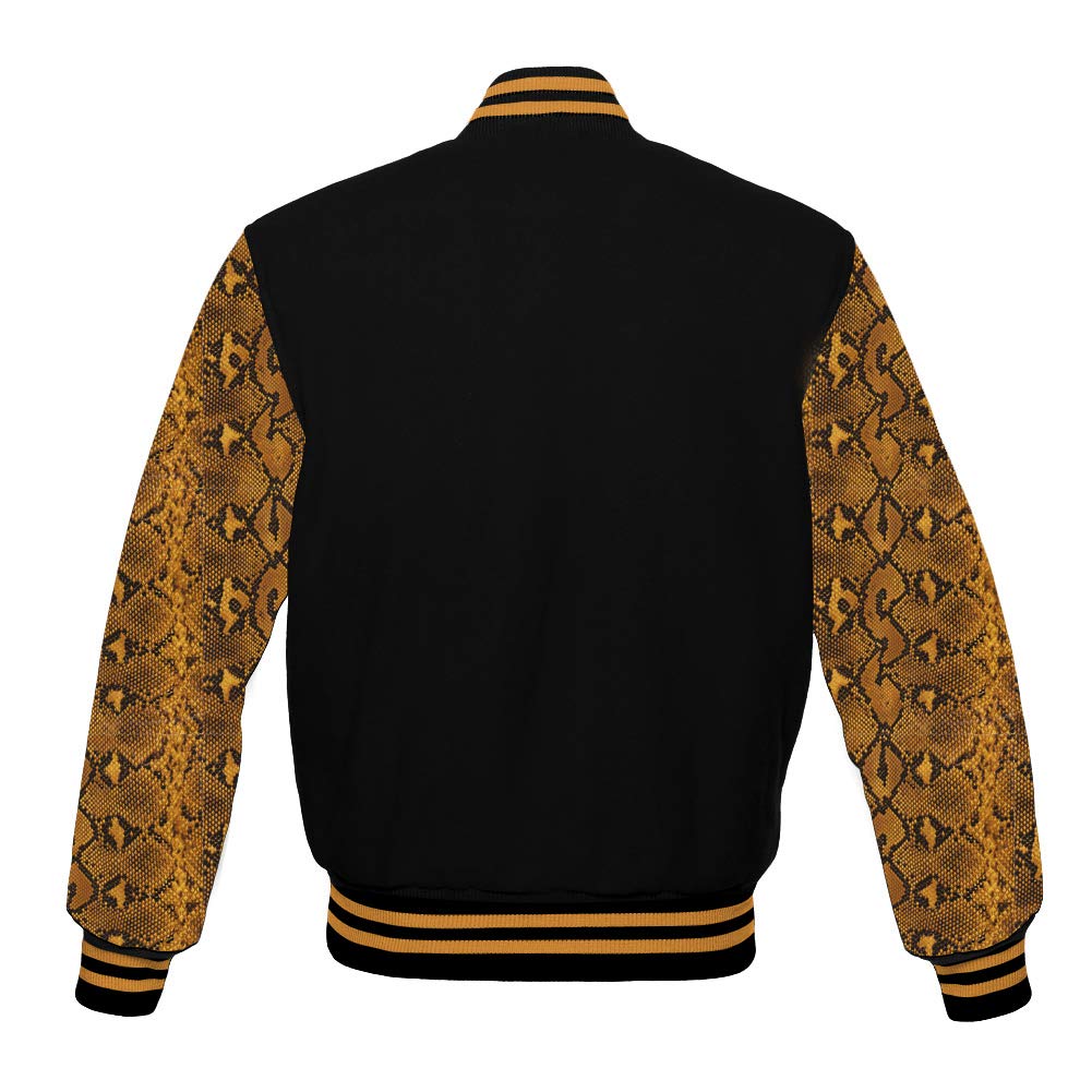 Varsity Jacket Men's Baseball Letterman Bomber Jacket - Black Wool Body with Snake Skin Sublimated Cowhide Leather Sleeves | High School, College, Casual Wear & Street Fashion Outfit
