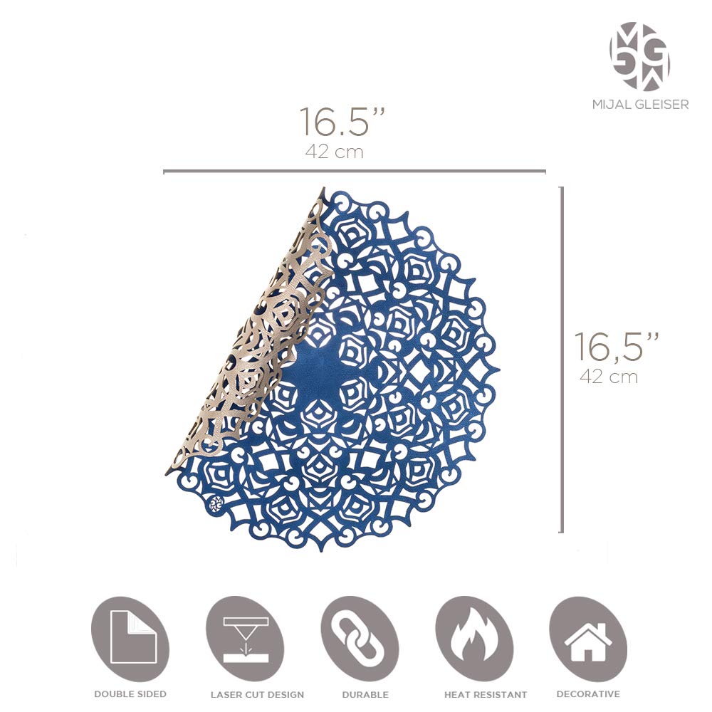Mijal Gleiser Double Sided Placemats Set of 4 - Laser Cut, Heat Resistant, Non Slip, Stain Resistant - Maya Collection (Royal Blue & Champagne) - Perfect for Dining Table, Kitchen, Party, and Home Decor