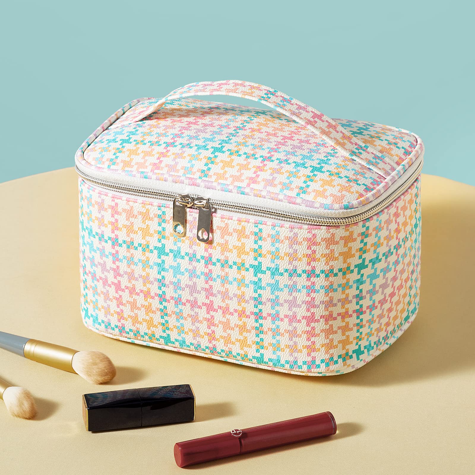 Cute Pink Tetris Makeup Bag Set - 3 Piece Small Cosmetic Bags for Women | Travel Toiletry Organizer for Makeup, Jewelry & Essentials | Perfect for Vacation, Gym & Daily Use