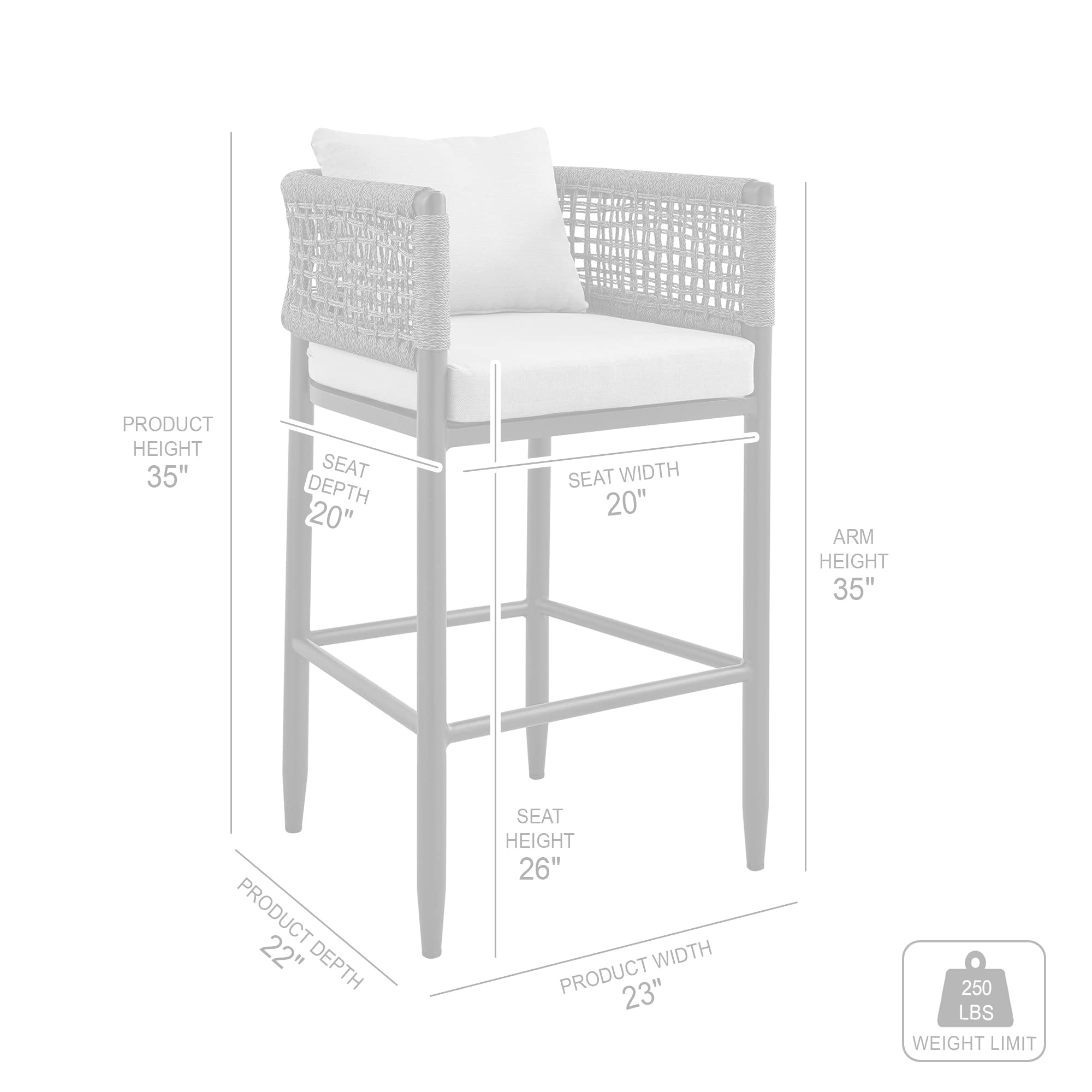 Armen Living Alegria Outdoor Patio Counter Height Bar Stool - Aluminum Frame with Grey Rope & Cushions - Perfect for Backyard, Deck, and Poolside Dining