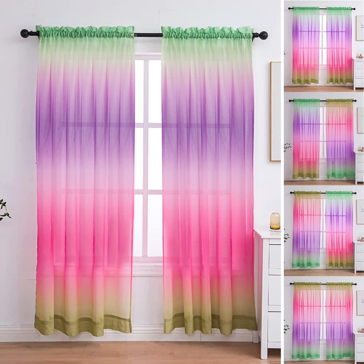 Sheer Linen Curtains 2 Panels - Semi Sheer Ombre Window Drapes for Bedroom, Living Room, Kids Room & Kitchen - Pink, Purple, Turquoise, Blue, Yellow Multicolor - 40