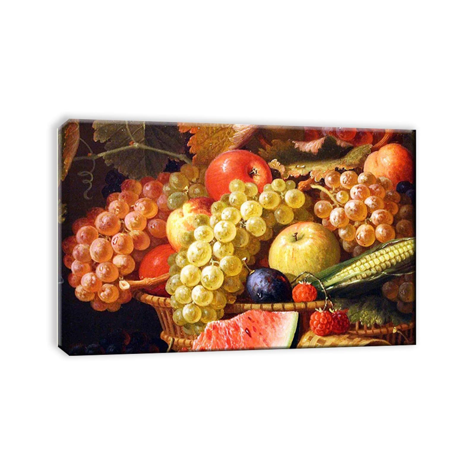 Grapes and Fruit Basket Canvas Wall Art - Framed Kitchen Pictures Decor 16x24 Inches, Ready to Hang Food Painting for Dining Room & Kitchen - Perfect for Home Decor, Housewarming Gifts, and Restaurant Wall Art
