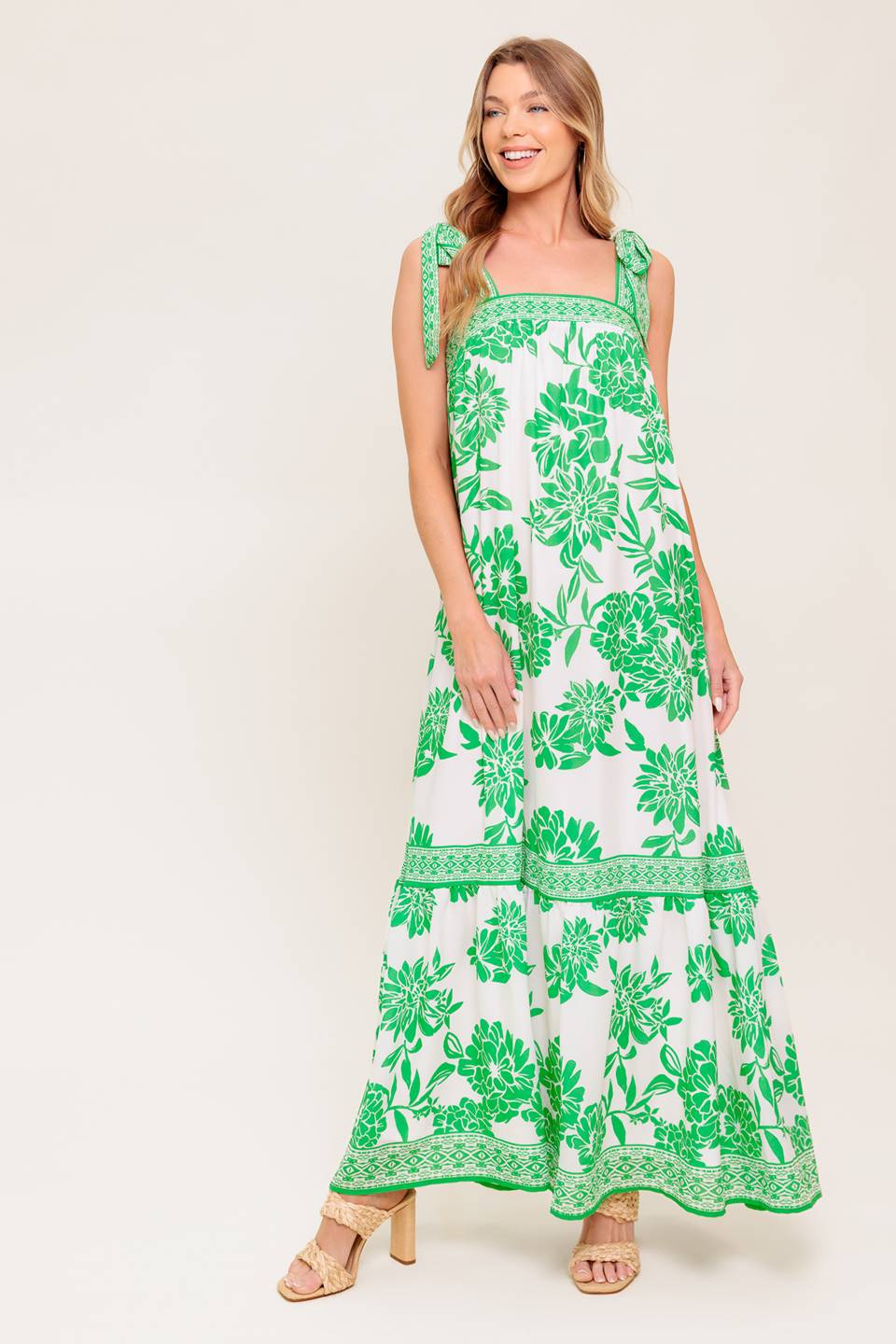 Green Gardens Maxi Dress - Flowy Summer Dress for Women, Boho Chic Beach Dress, Perfect for Vacations, Parties & Outdoor Events
