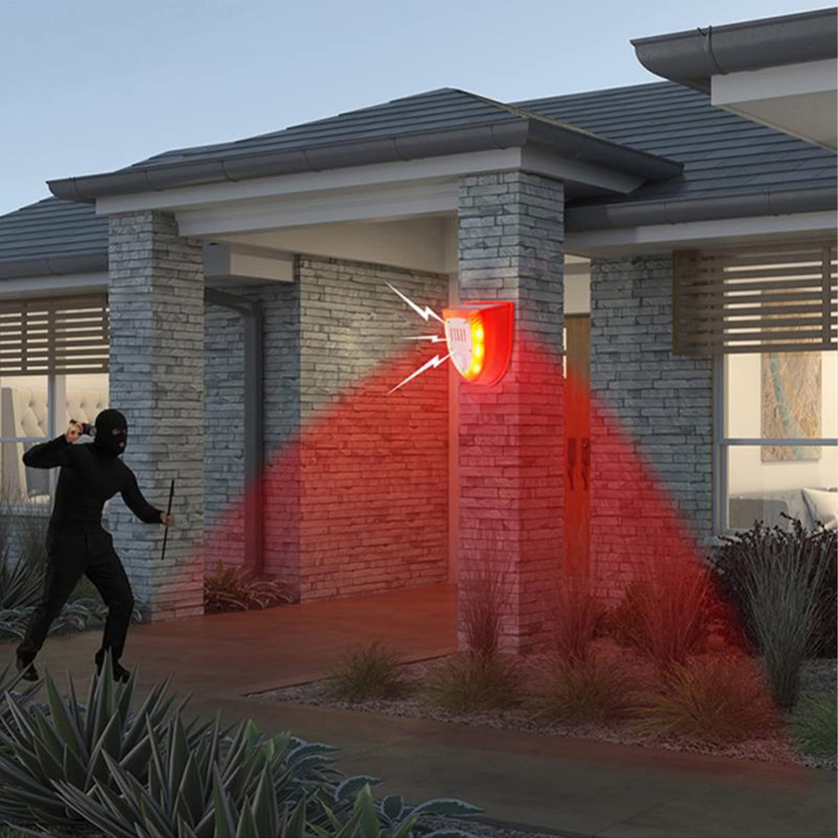 Keeda Solar Security Light Alarm - 129dB Loud Solar Strobe Light with Gunshot & Dog Barking Sounds, Waterproof PIR Motion Sensor LED for Farm, Barn, Yard (Red) - Perfect for Outdoor Home Security and Property Protection