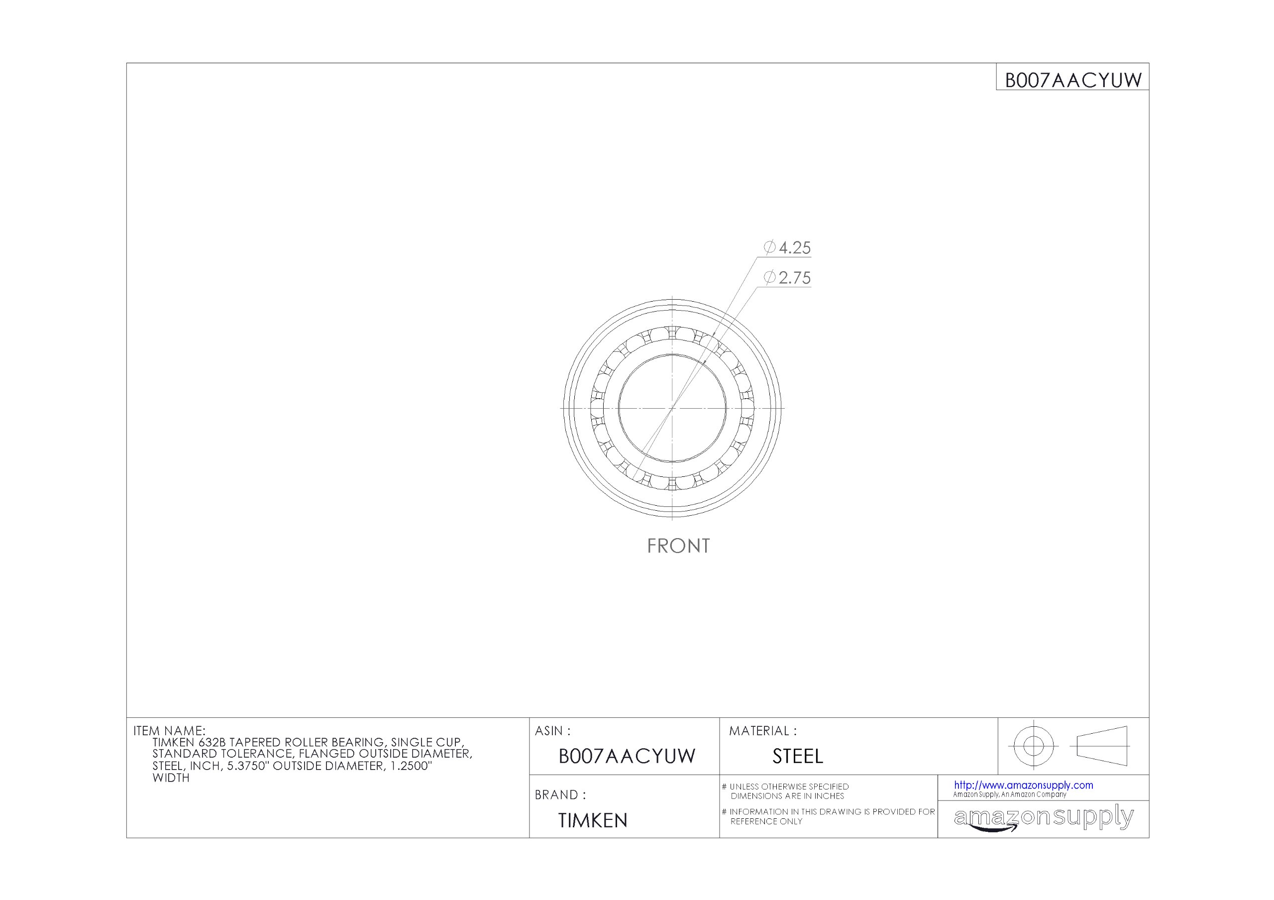 Timken 632B Tapered Roller Bearing - Single Cup, Standard Tolerance, Flanged OD, Steel Construction (5.375