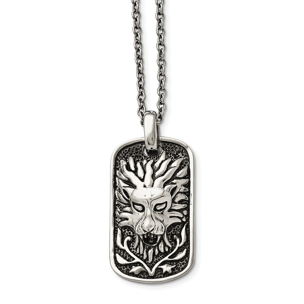 Stainless Steel Polished & Antiqued Lion Dog Tag Necklace for Men - Unique Military Style Pendant with 24