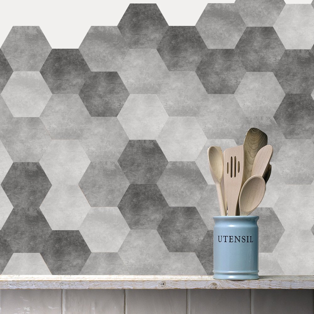 Hexagonal Self-Adhesive Floor Tile Stickers - Non-Slip Waterproof Vinyl Flooring for Kitchen, Bedroom, Bathroom & Balcony - Ash Gray Peel and Stick Tiles (60 Pcs/6 Sets) - Perfect for Home Renovation, DIY Projects & Rental Apartment Upgrades