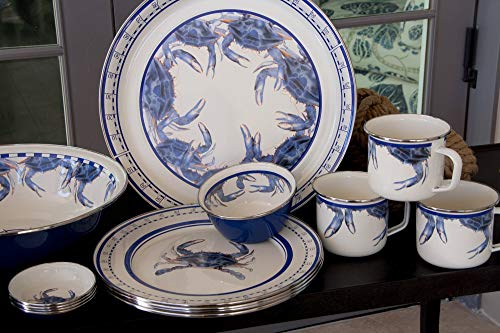 Blue Crab Enamelware Dinner Plates Set of 4 - 10.5 Inch Porcelain Plates for Seafood, Picnics & Coastal Dining - Rustic Blue Crab Design for Kitchen, Restaurant & Beach House Decor