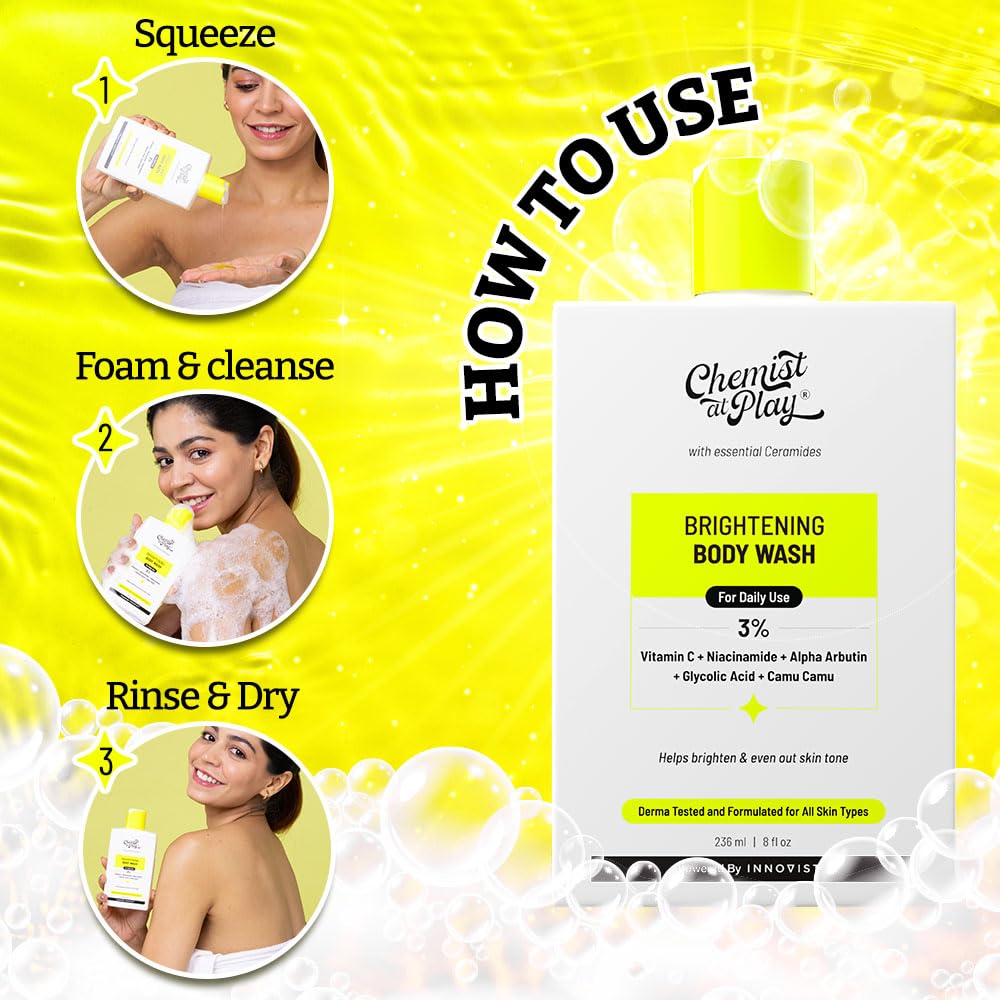 Brightening Body Wash with Vitamin C & Alpha Arbutin - Glowing Skin Bodywash for Women & Men - Reduces Dark Spots & Evens Skin Tone - 30X Vitamin C & Camu Camu Extract - 8oz/236ml - Perfect for Daily Shower & Post-Workout Skincare Routine