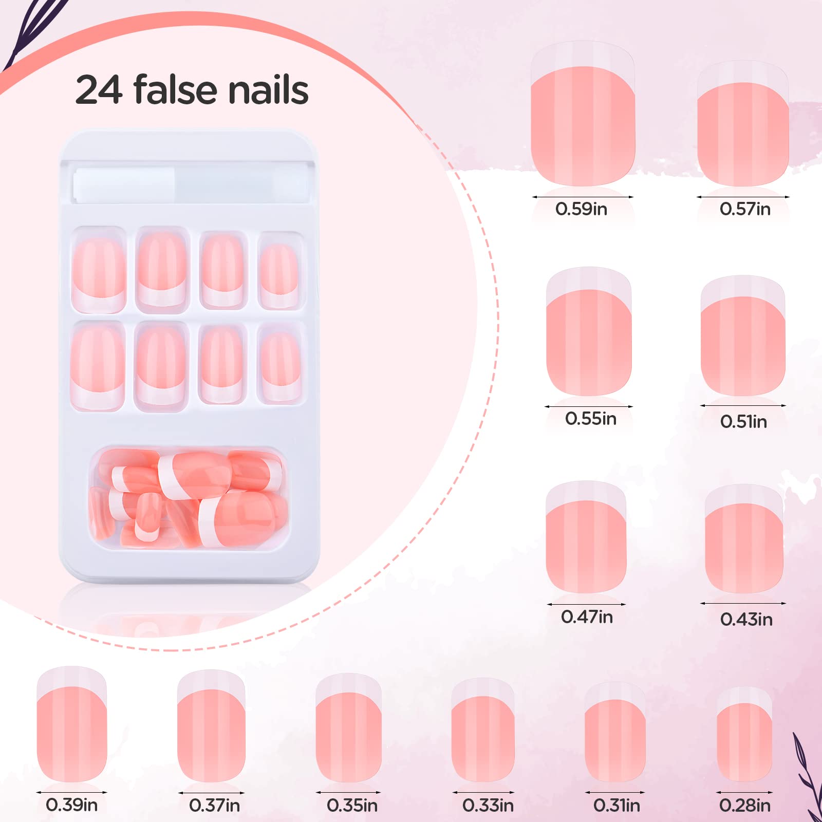PROUSKY 24 Pieces French Tip False Nails - 12 Sizes Black Stick on Acrylic Short Square Fake Nails for Women, Natural Full Cover Manicure Set (Pink) | Perfect for Parties, Weddings & Daily Wear