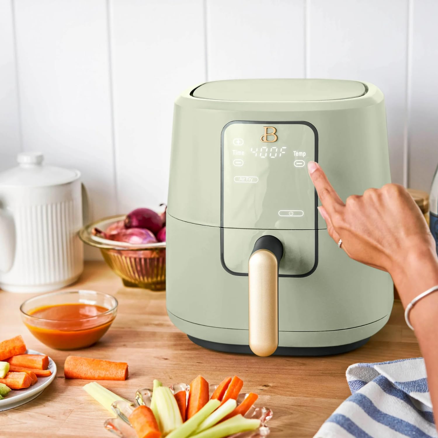 Drew Barrymore 3-Quart Digital Air Fryer with TurboCrisp Technology - 4 Presets, 170°F-400°F Temperature Range, Non-Stick & Dishwasher Safe Basket - 1200W Compact Airfryer for Healthy Cooking (Sage Green) - Perfect for Frying, Baking, Roasting & Reheating Family Meals
