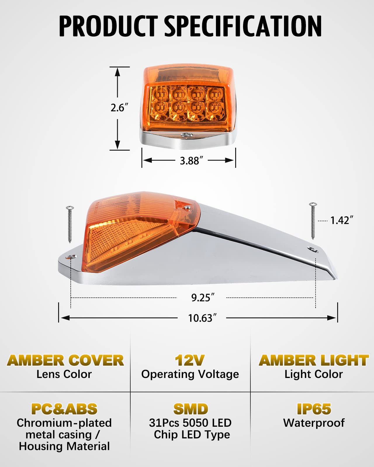 Partsam 31LED Amber Waterproof Cab Marker Light for Peterbilt Kenworth Freightliner Western Star Mack International Paccar Trailer Trucks - Durable Roof Running Lights for Enhanced Night Visibility and Safety