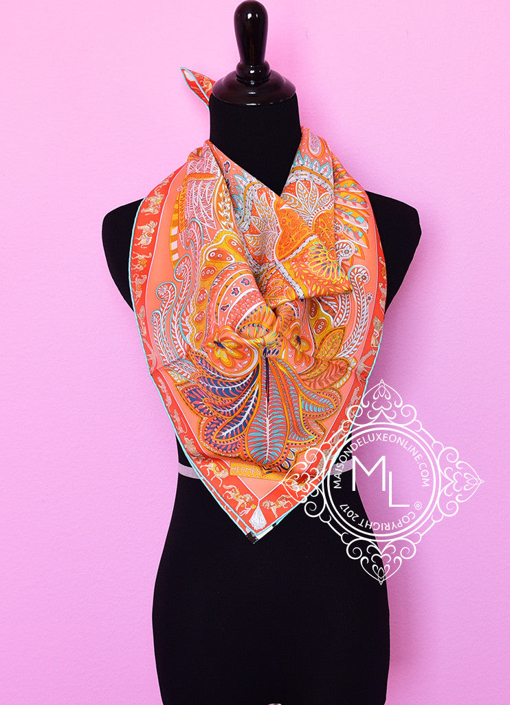 Hermes Peach Green Twill Silk 90 cm Scarf - Le Jardin de la Maharani Design | Luxury Fashion Accessory for Women | Perfect for Gifts, Parties & Special Occasions