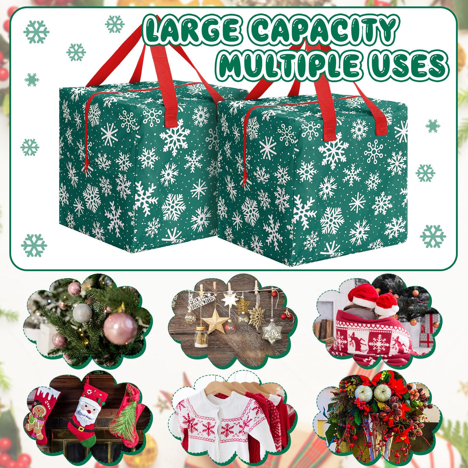 Kajaia 2-Pack Christmas Ornament Storage Boxes 12x12x12 Inch - Durable Snowflake Holiday Organizer Bags with Handles & Full-Length Zipper - Tear-Proof Xmas Decoration Containers (Green) - Perfect for Storing & Protecting Holiday Decorations