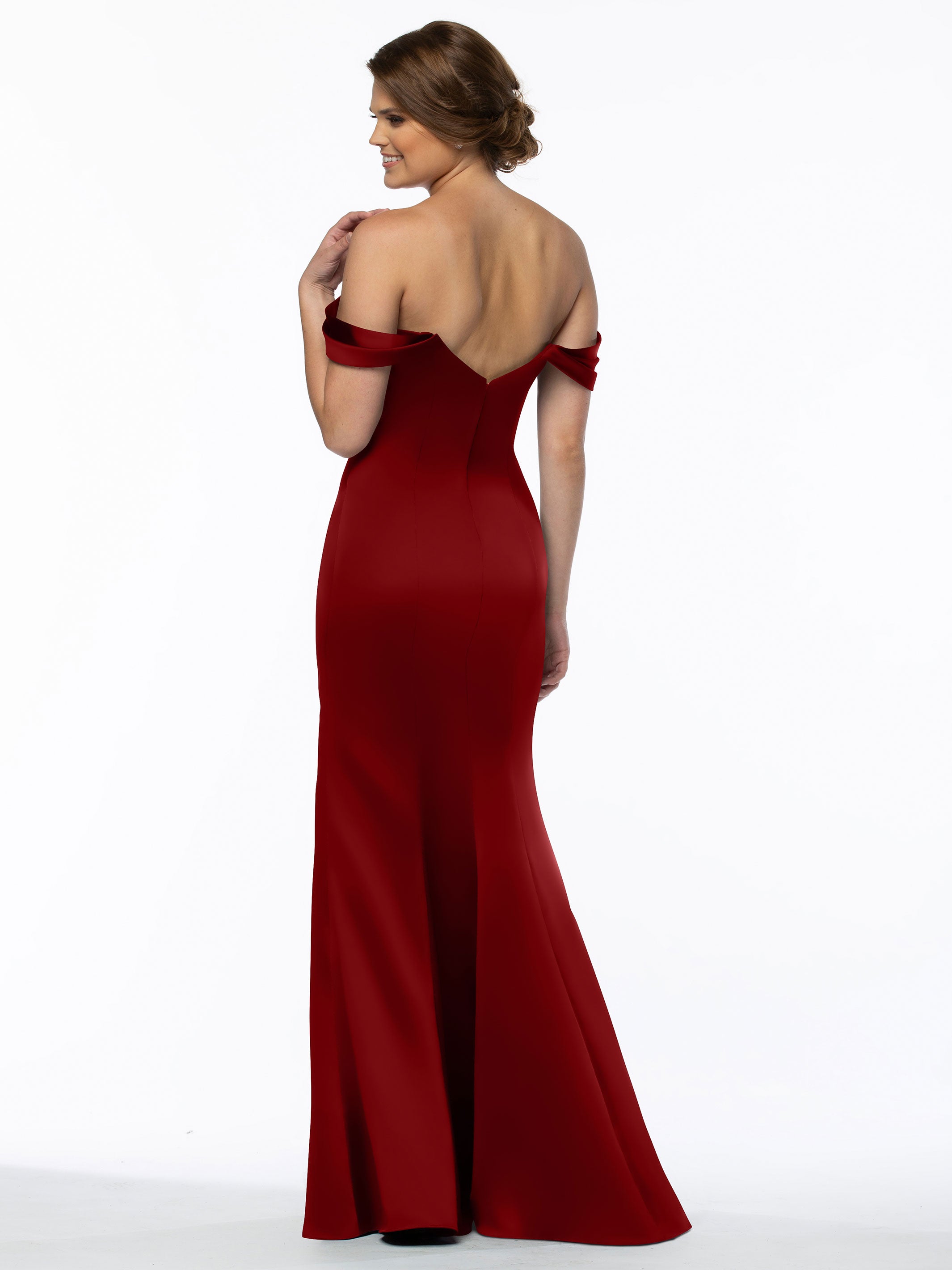 Elegant 80151 Fitted Satin Bridesmaid Dress with Off-The-Shoulder Sleeves - Perfect for Weddings, Formal Events & Special Occasions
