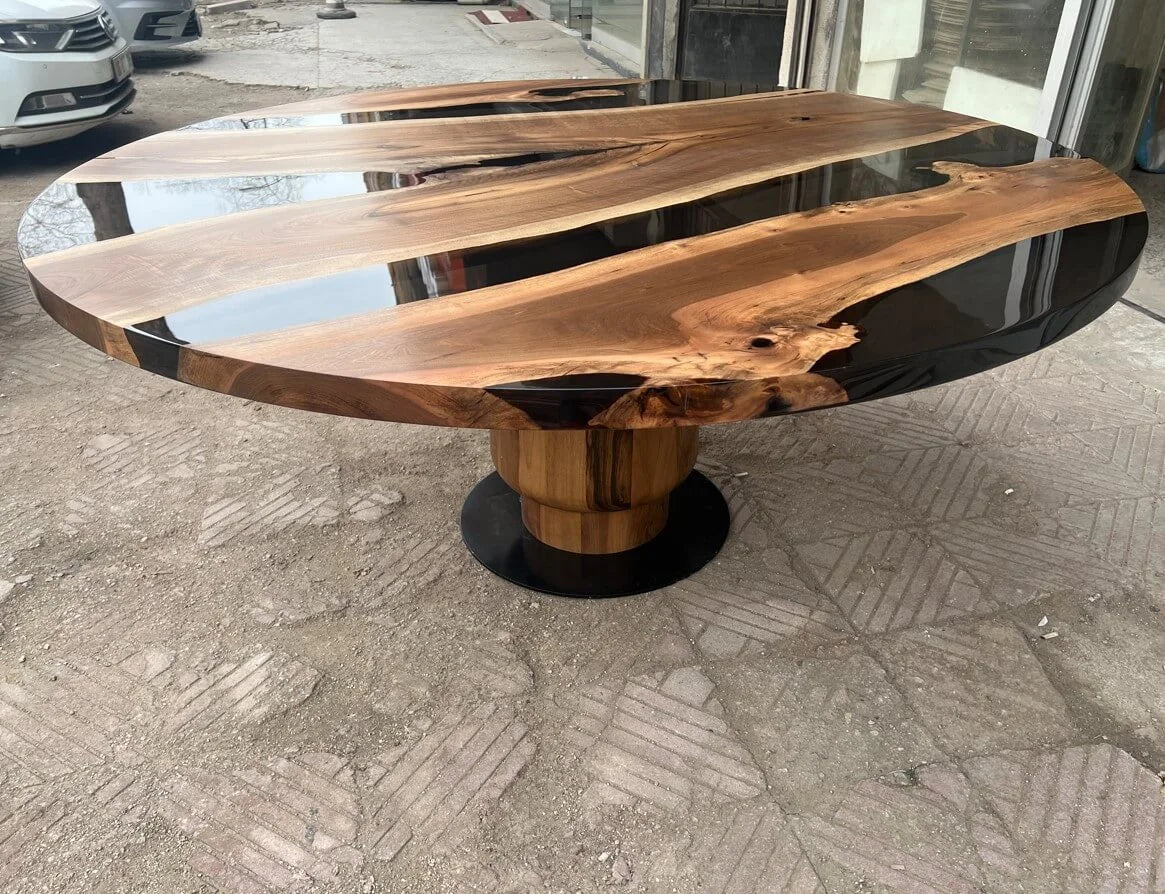Handmade Round Epoxy Resin Table with Natural Walnut Wood Tulip Base - Modern Coffee Table for Living Room, Office & Dining Area